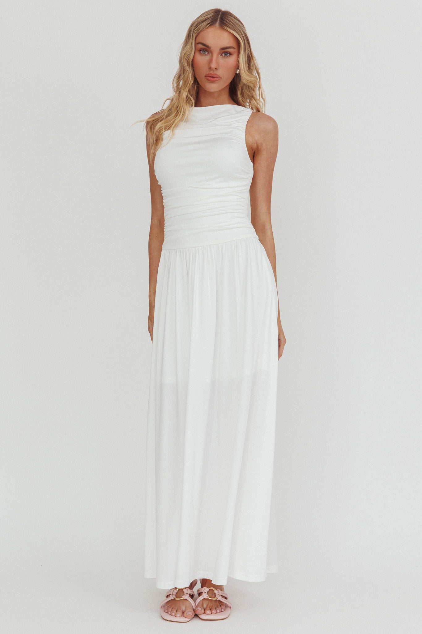 Dalayla Sleeveless Ruched Maxi Dress White by Selfie Leslie