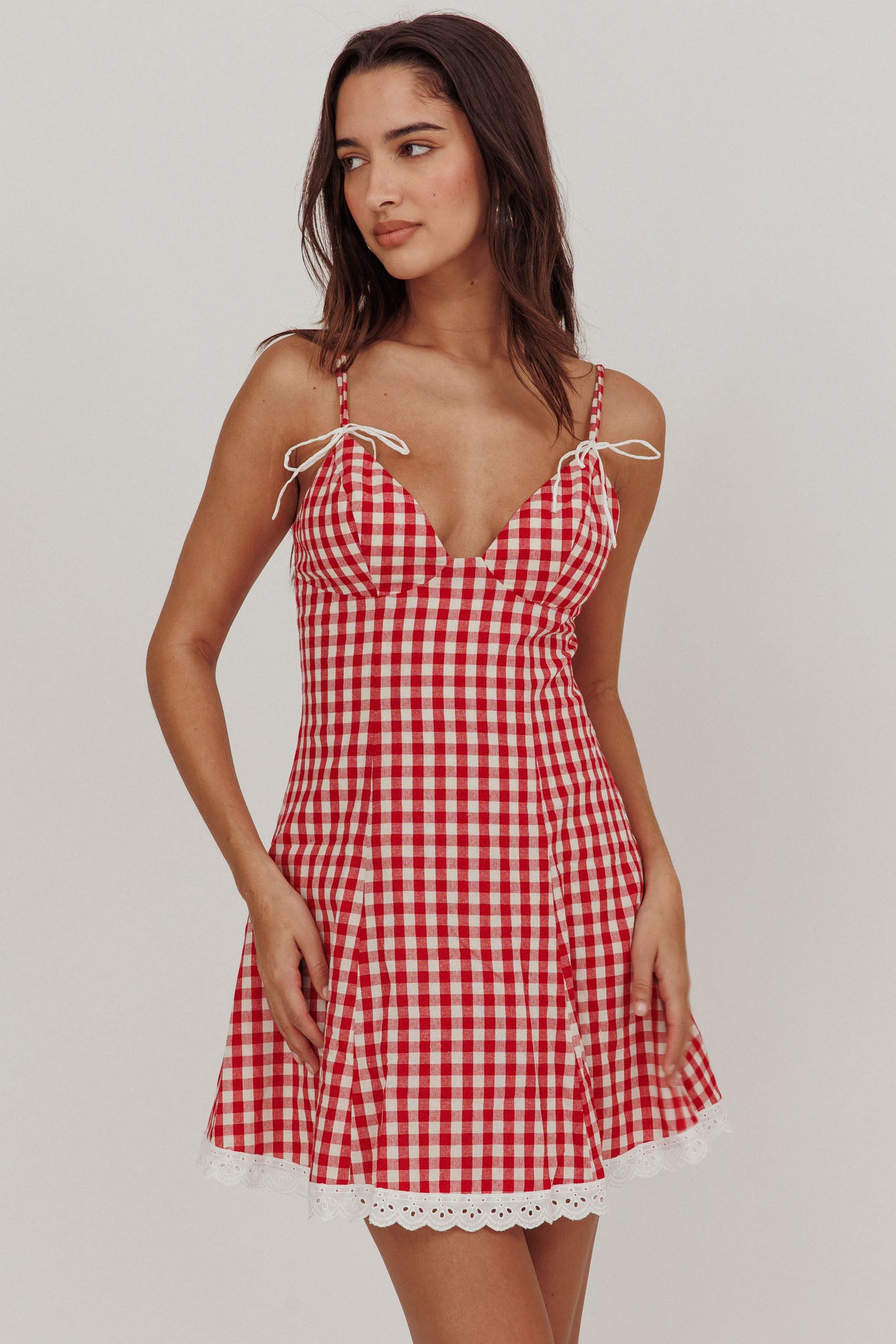 Noelle Lace Trim Mini Dress Gingham Red by Selfie Leslie