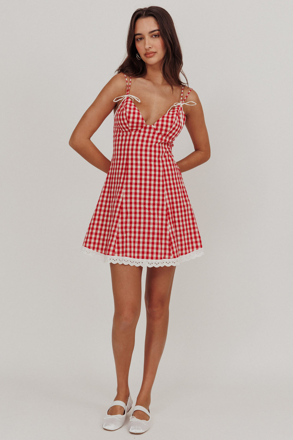 Noelle Lace Trim Mini Dress Gingham Red by Selfie Leslie