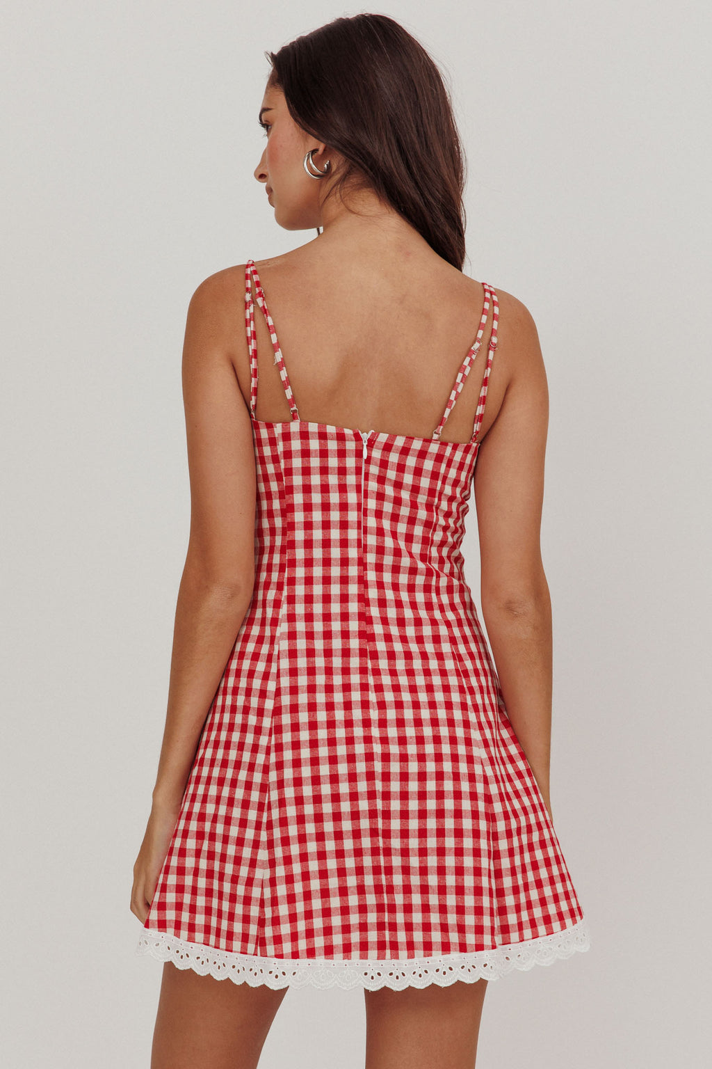 Noelle Lace Trim Mini Dress Gingham Red by Selfie Leslie