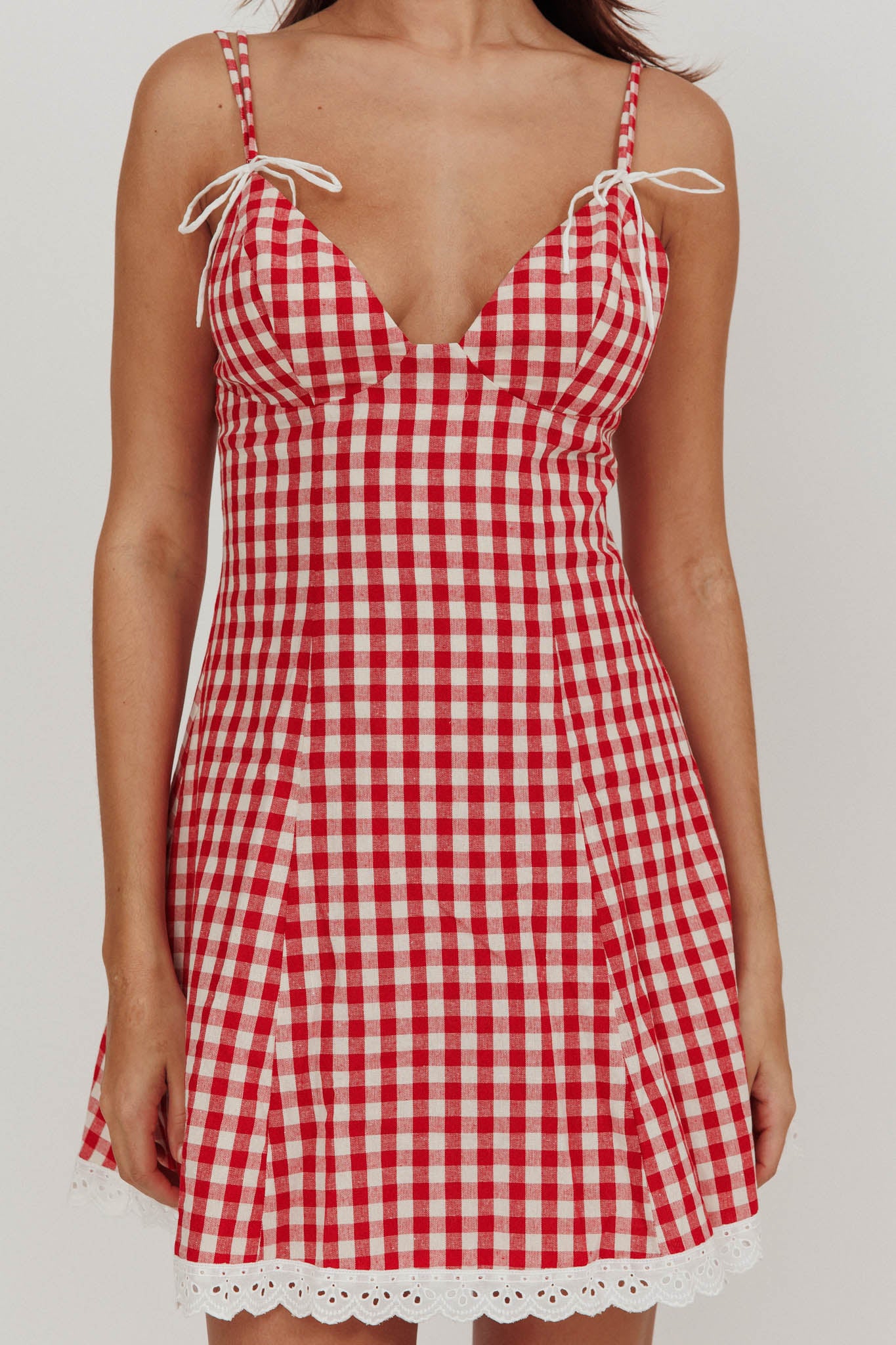 red gingham dress with lace Countryside Cottage Red Gingham Lace-Trimmed Mini Dress L