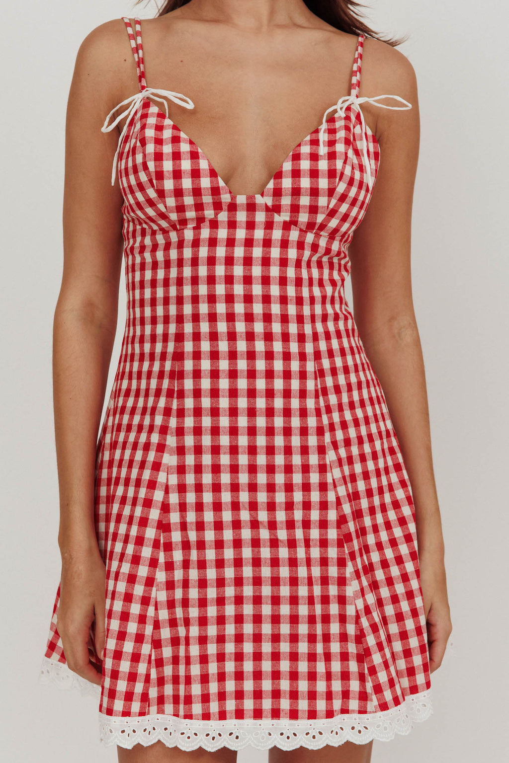Noelle Lace Trim Mini Dress Gingham Red by Selfie Leslie