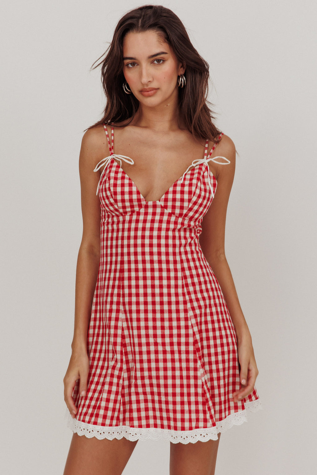 Noelle Lace Trim Mini Dress Gingham Red by Selfie Leslie