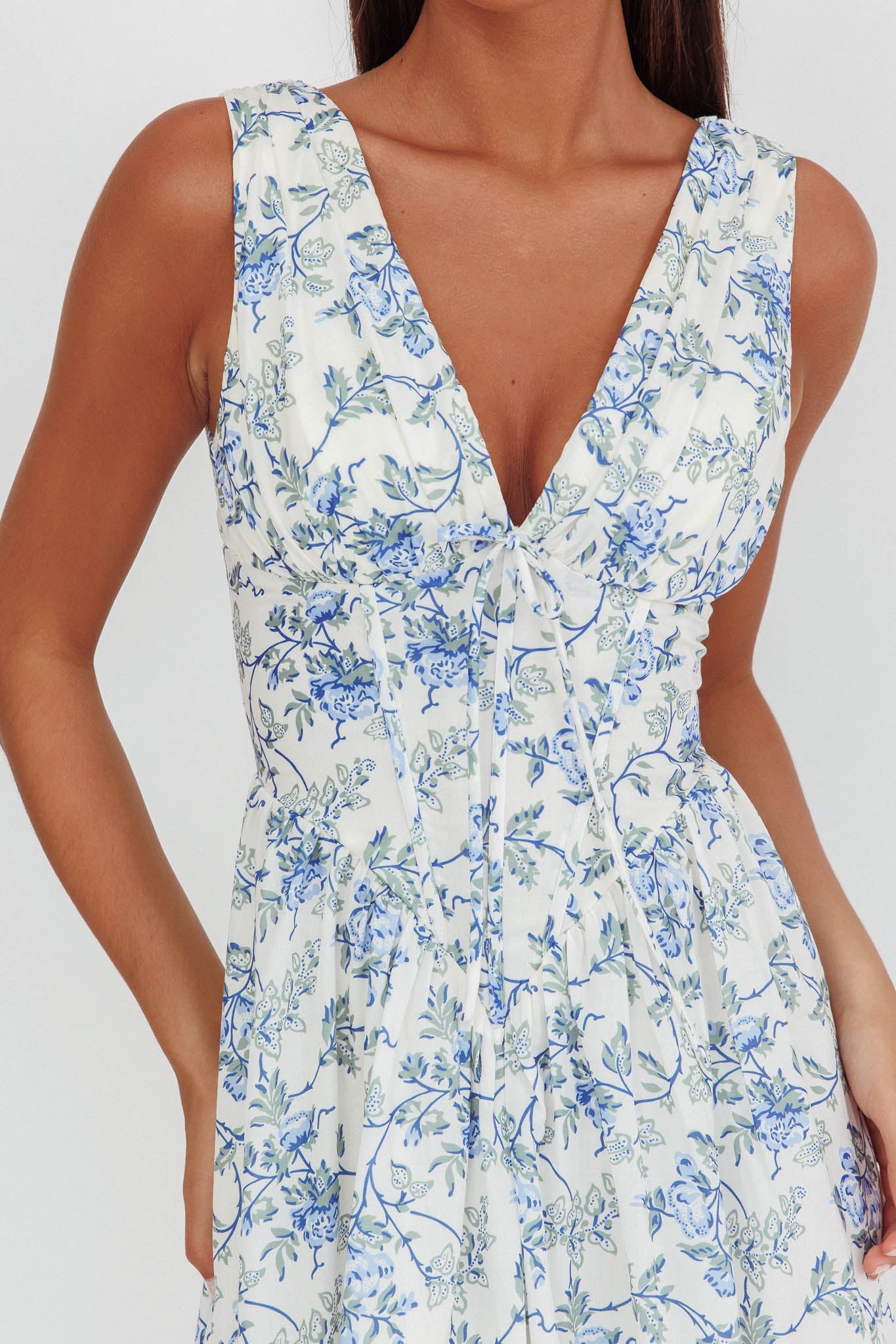 Spring Dawn Basque Waist Maxi Dress Floral Blue Spring Dawn Basque Waist Maxi Dress Floral Blue