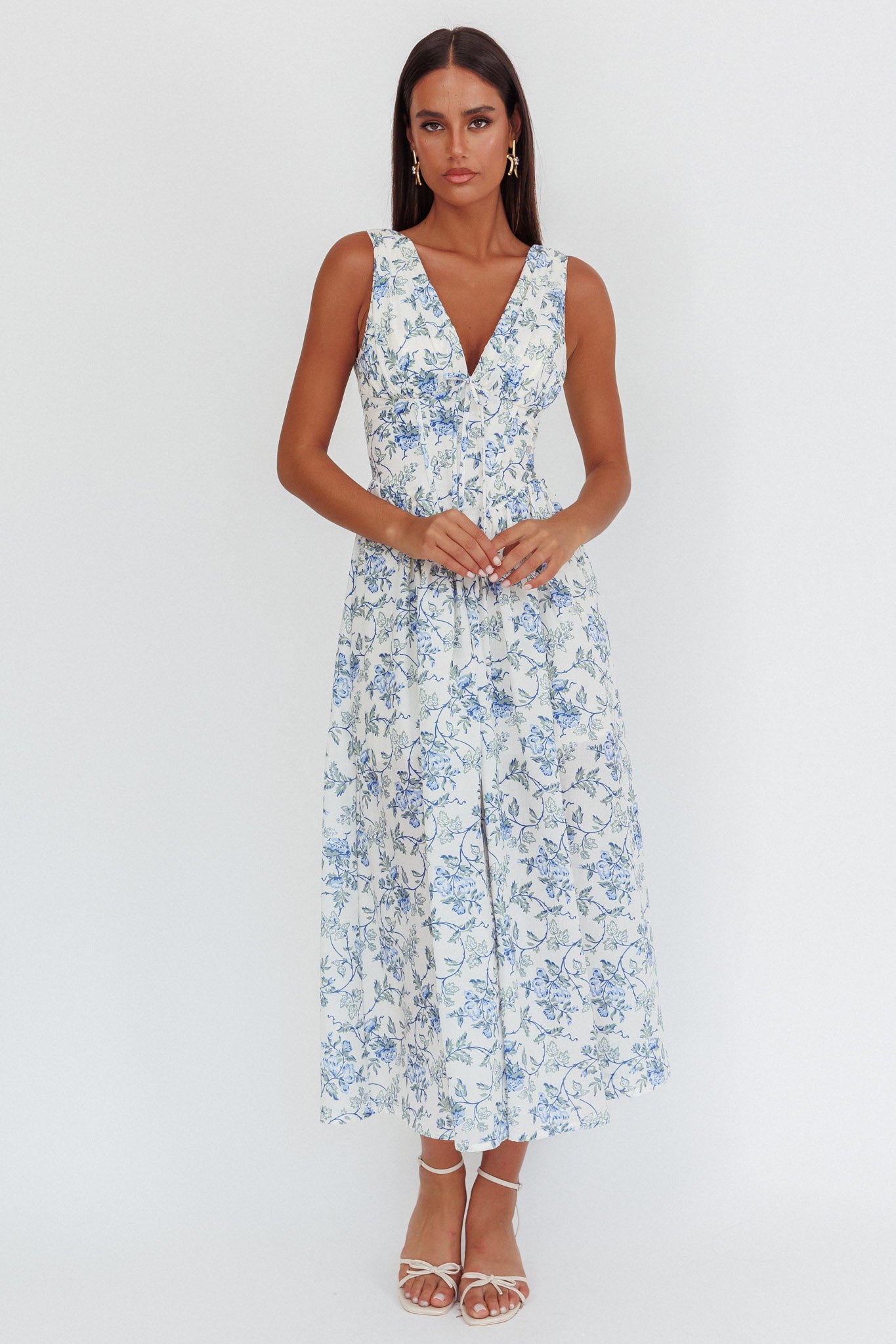 Spring Dawn Basque Waist Maxi Dress Floral Blue Spring Dawn Basque Waist Maxi Dress Floral Blue