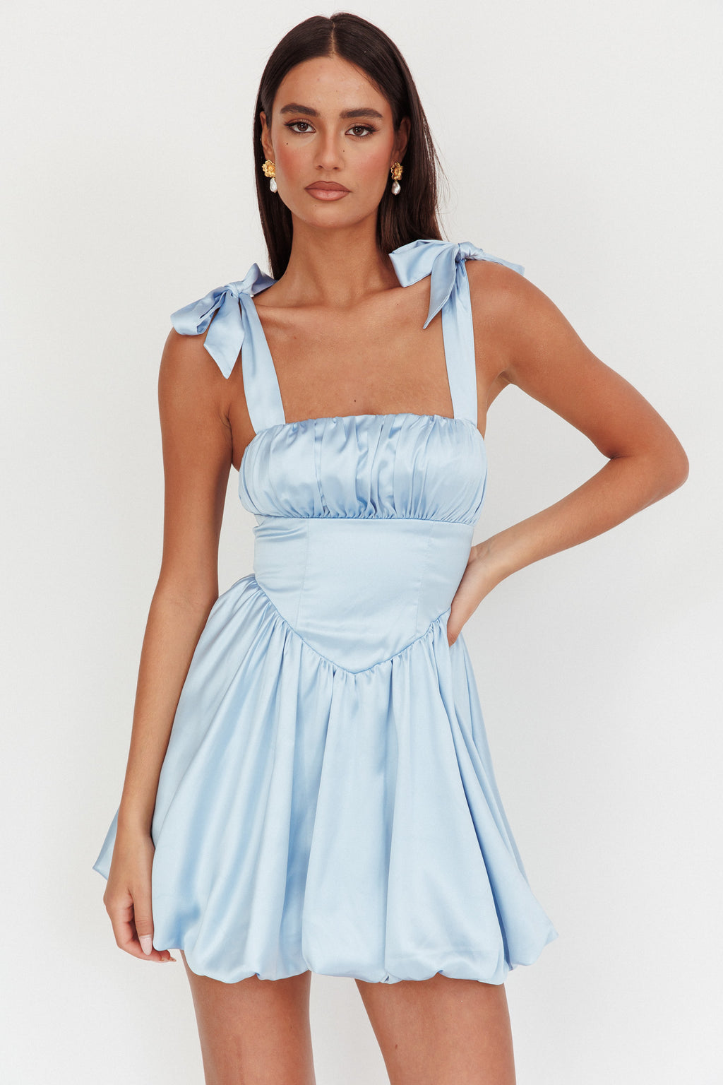 Just Magic Tied Shoulder Bubble Hem Mini Dress Baby Blue by Selfie Leslie