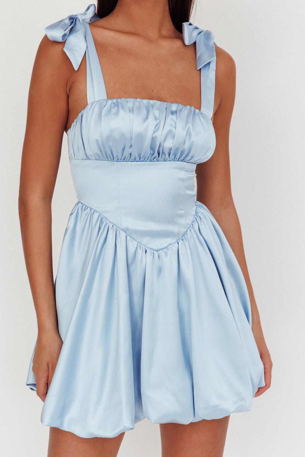 Just Magic Tied Shoulder Bubble Hem Mini Dress Baby Blue by Selfie Leslie