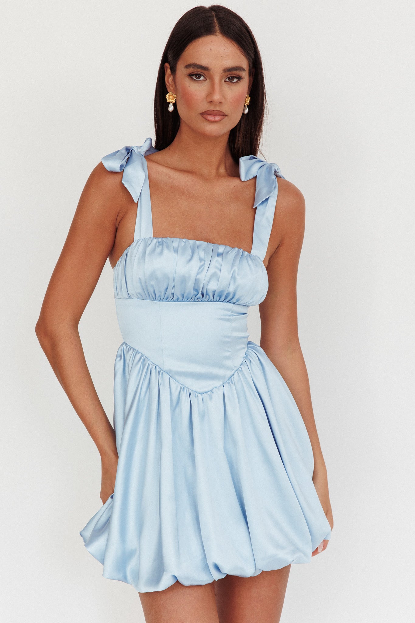 Just Magic Tied Shoulder Bubble Hem Mini Dress Baby Blue by Selfie Leslie