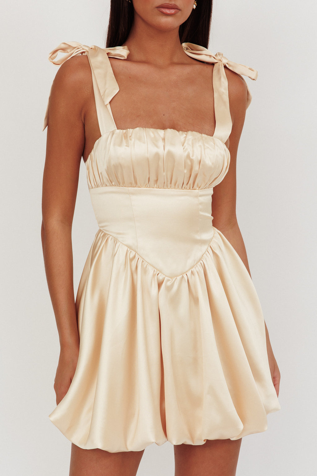 Just Magic Tied Shoulder Bubble Hem Mini Dress Butter by Selfie Leslie