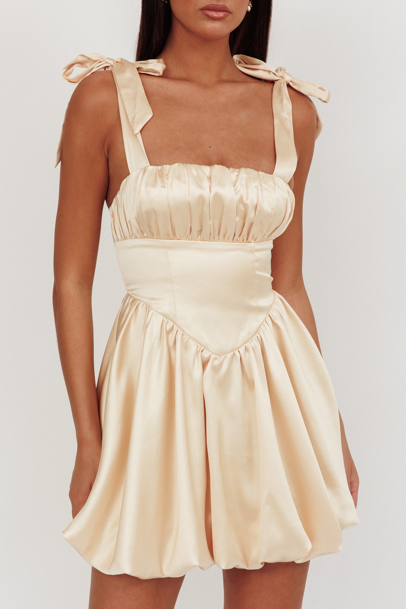 Just Magic Tied Shoulder Bubble Hem Mini Dress Butter by Selfie Leslie
