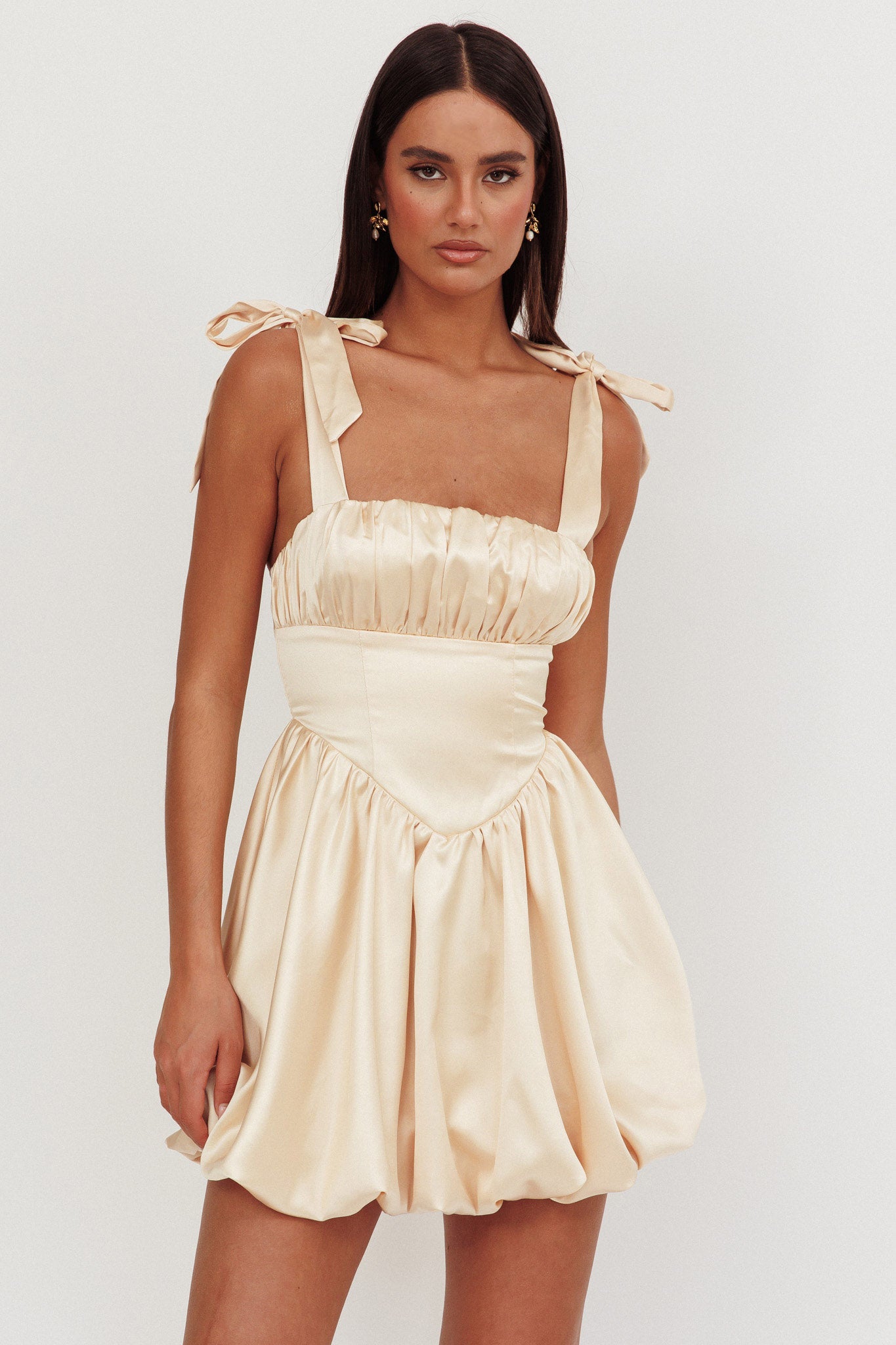 Just Magic Tied Shoulder Bubble Hem Mini Dress Butter by Selfie Leslie