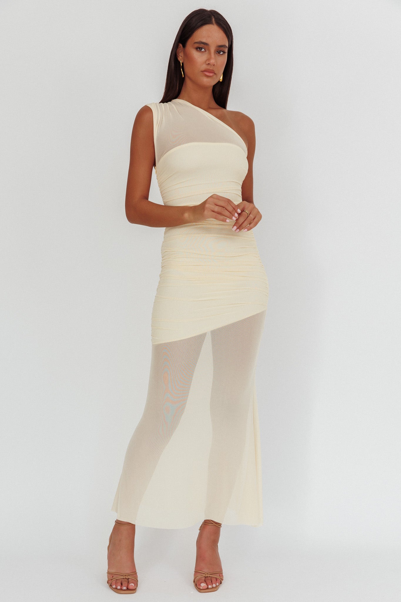 Verity One-Shoulder Sheer Maxi Dress Butter by Selfie Leslie