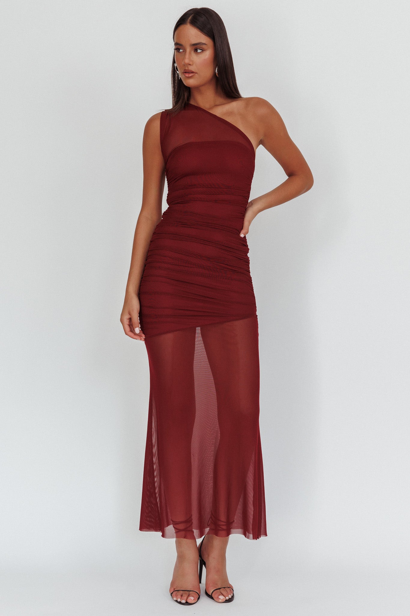 Verity One-Shoulder Sheer Maxi Dress Wine by Selfie Leslie