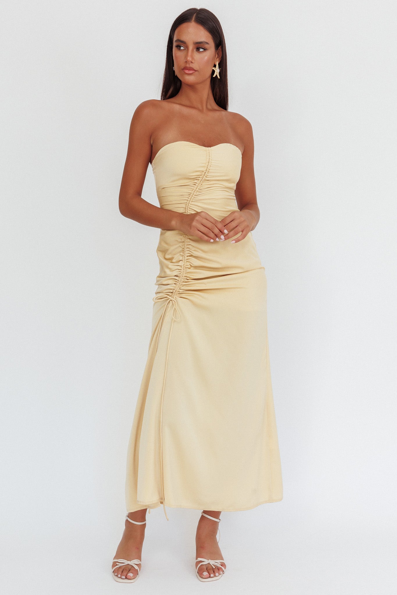 Molinda Strapless Ruched Drawstring Maxi Dress Golden by Selfie Leslie