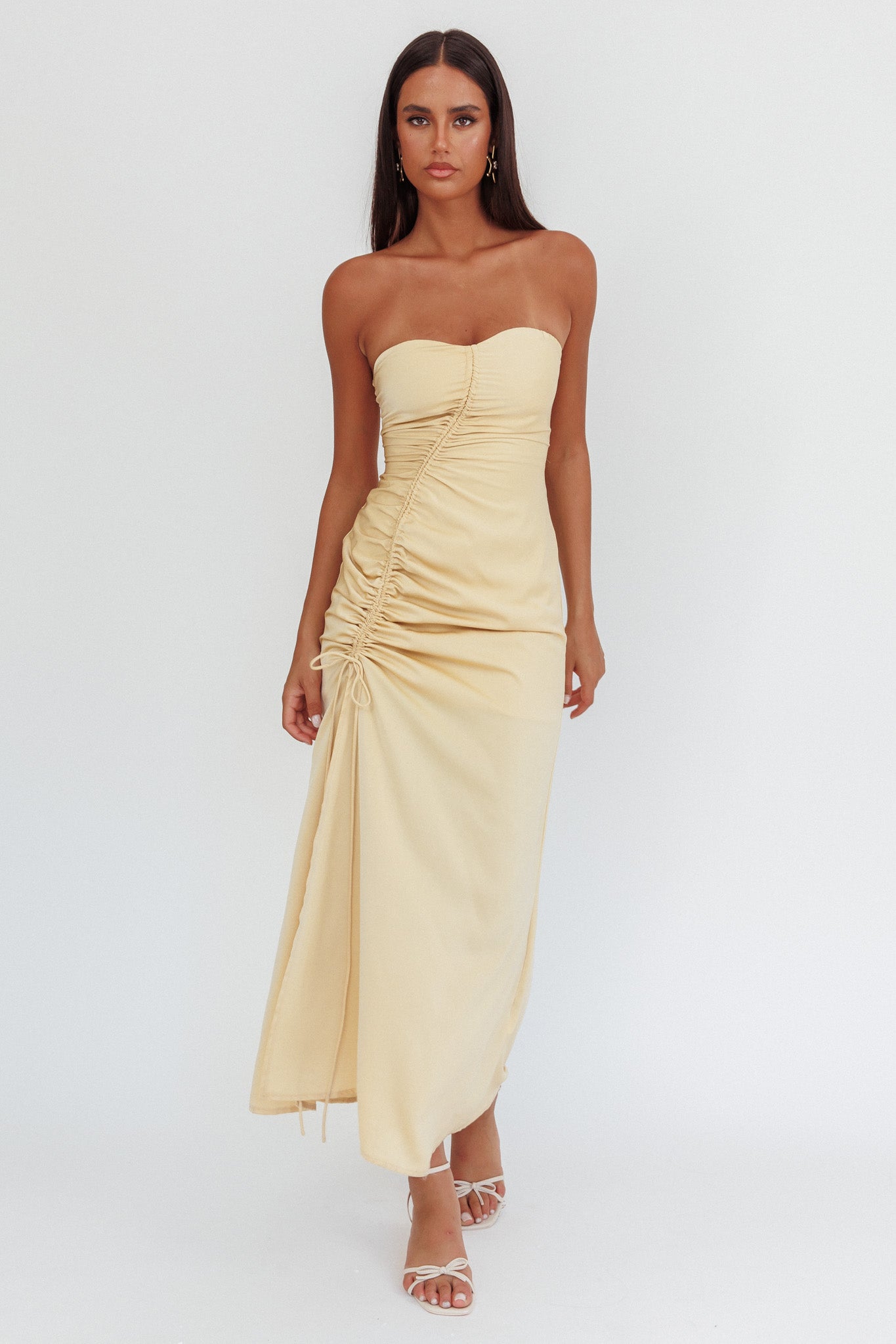 Molinda Strapless Ruched Drawstring Maxi Dress Golden by Selfie Leslie