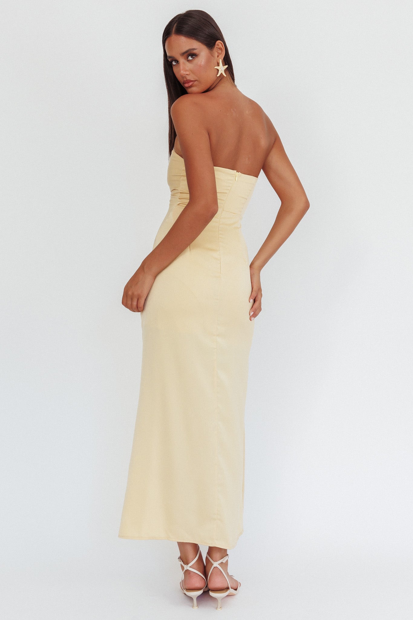 strapless pencil cut gold dress Molinda Strapless Ruched Drawstring Maxi Dress Golden