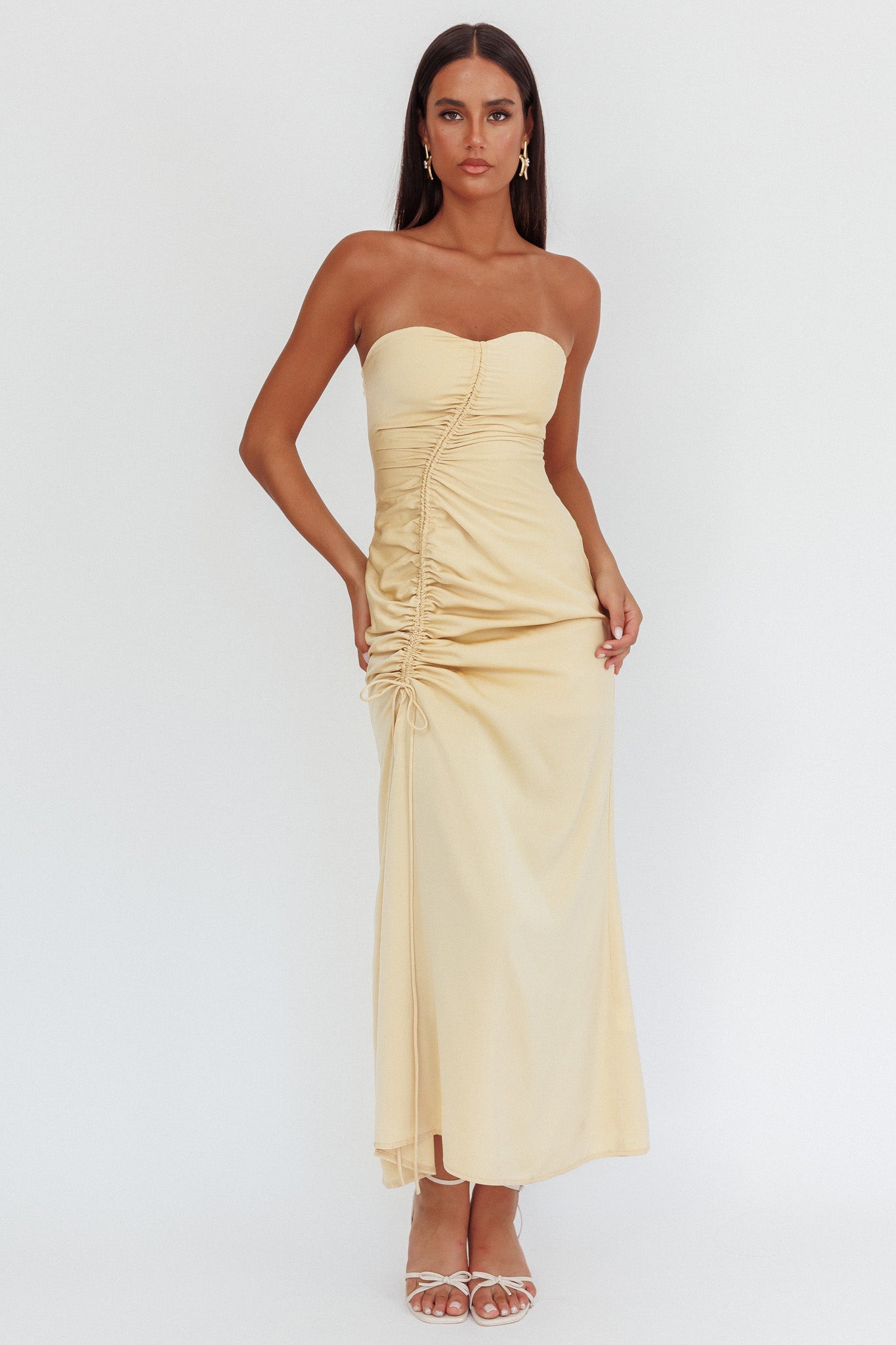 Molinda Strapless Ruched Drawstring Maxi Dress Golden by Selfie Leslie