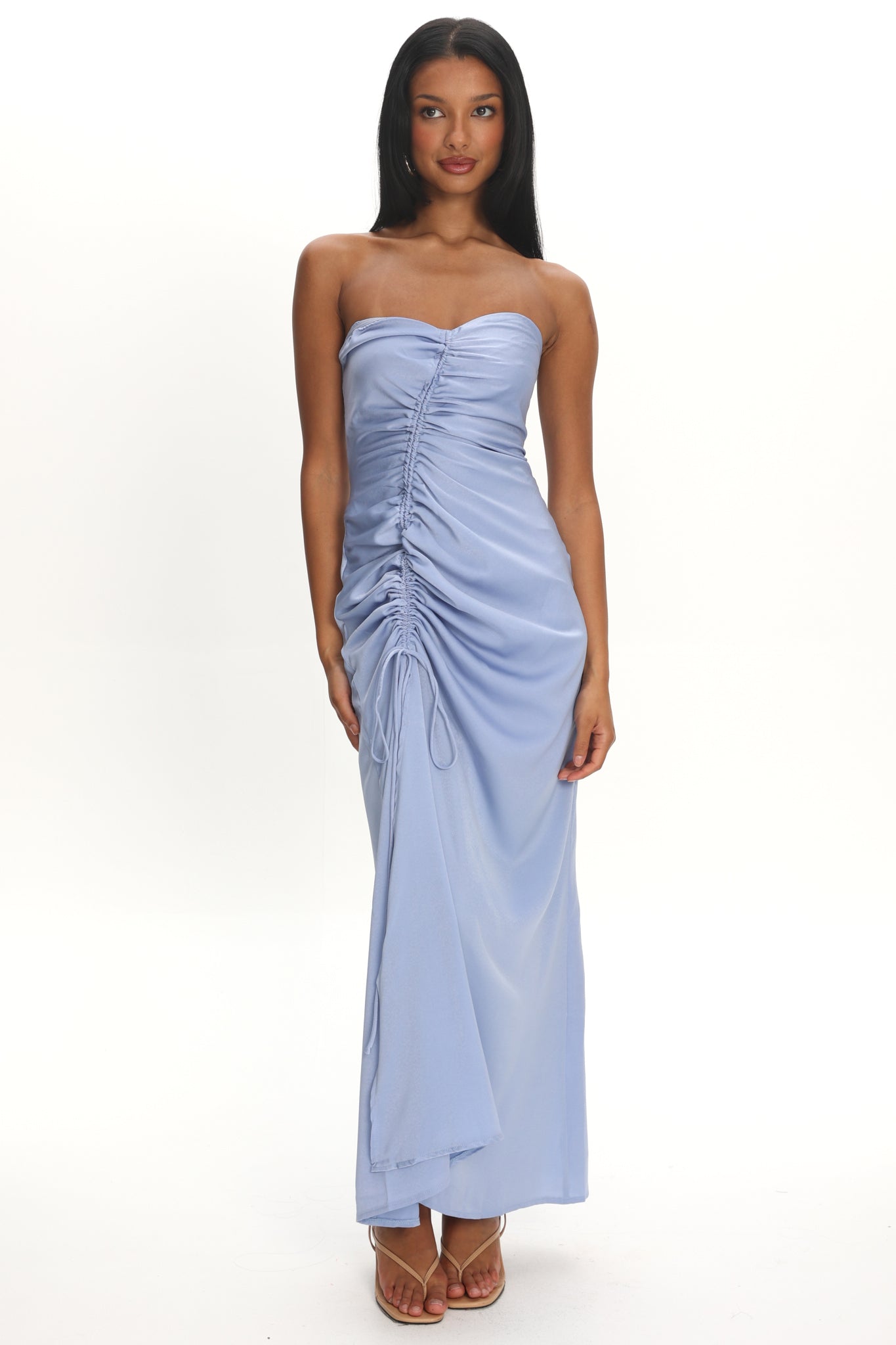 Molinda Strapless Ruched Drawstring Maxi Dress Blue