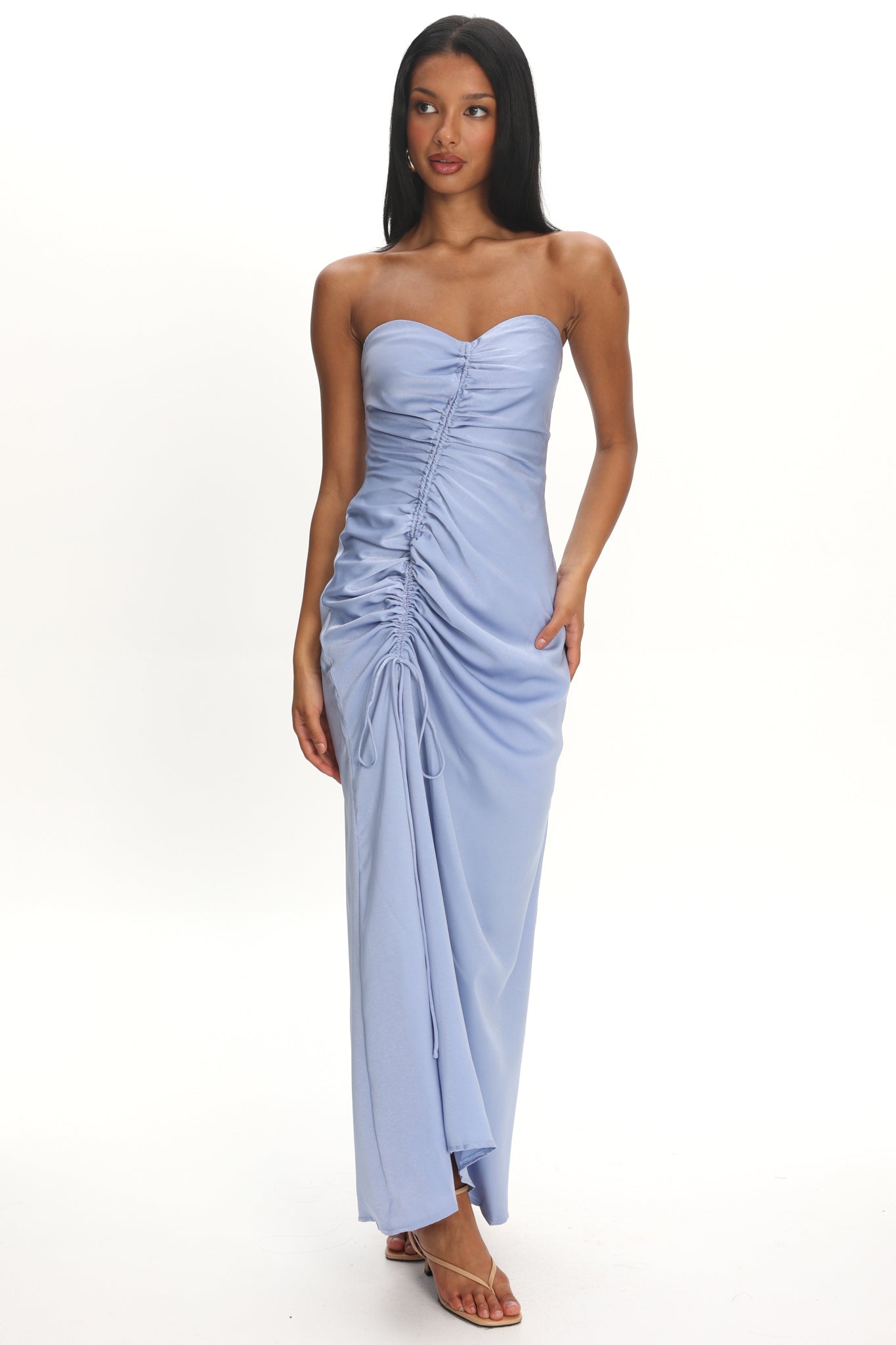 blue satin strapless dress Molinda Strapless Ruched Drawstring Maxi Dress Blue