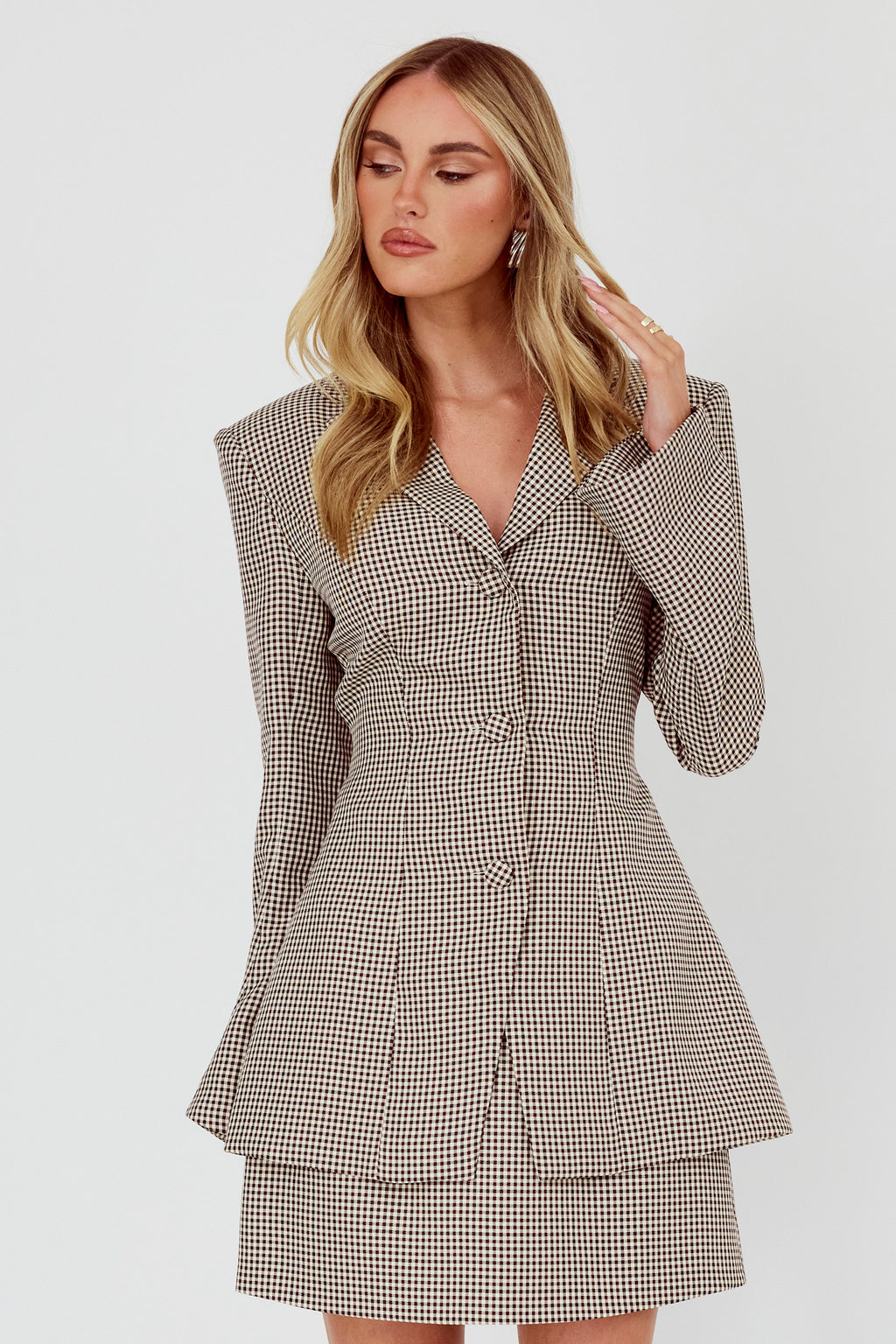 Jozie Back Tie Jacket Plaid Brown by Selfie Leslie