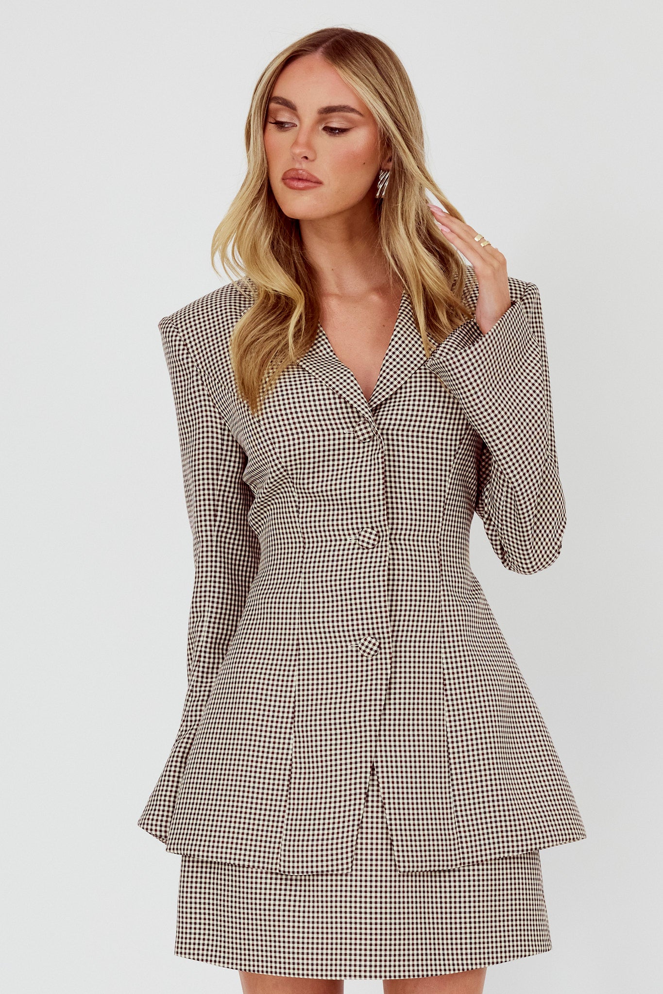 Jozie Back Tie Jacket Plaid Brown by Selfie Leslie