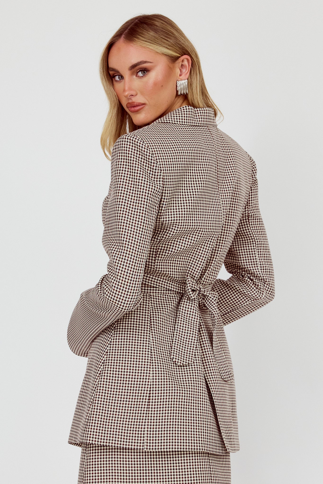 Jozie Back Tie Jacket Plaid Brown by Selfie Leslie