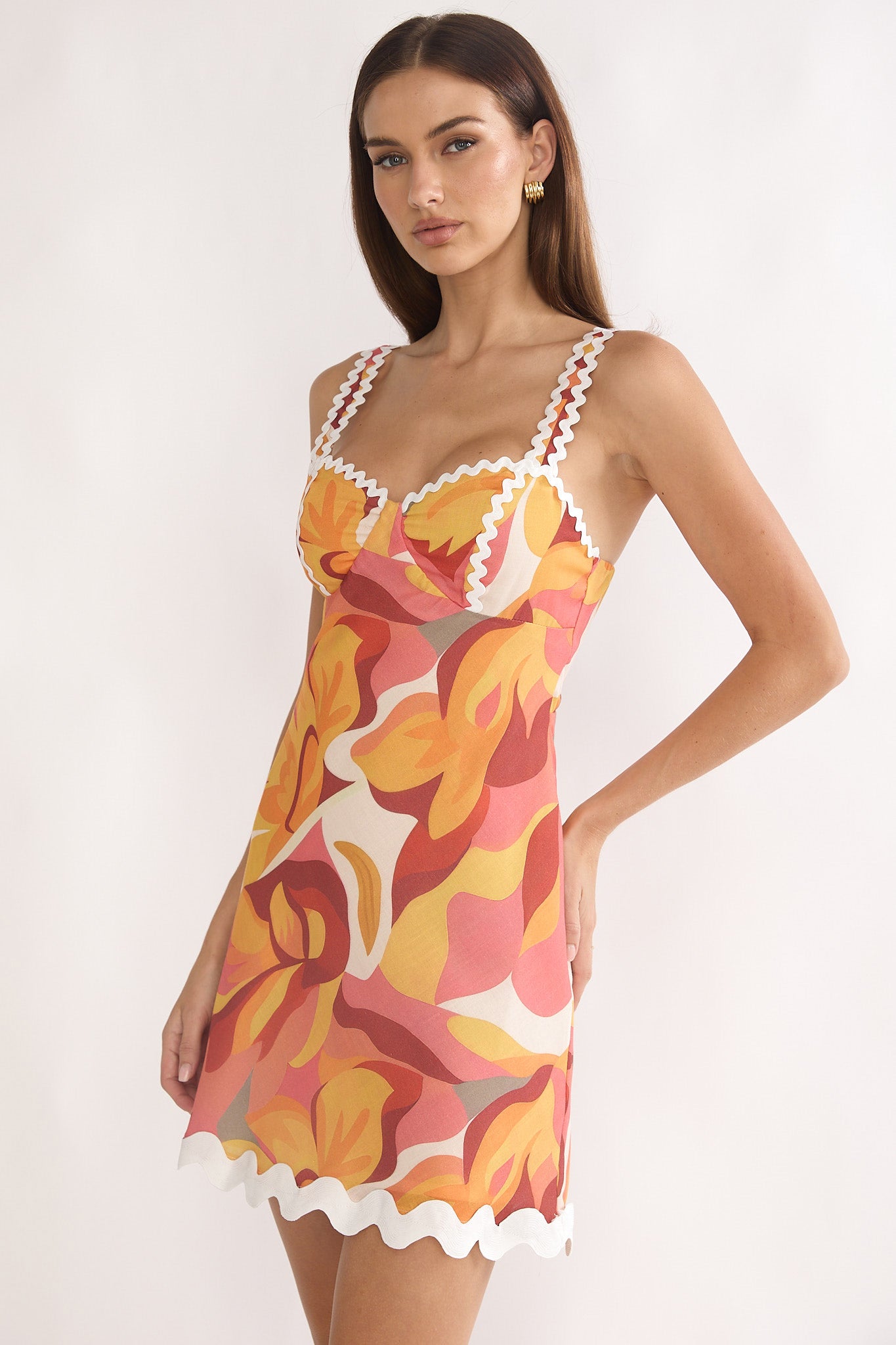Meadows Ric Ric Trim Mini Dress Print Orange | Selfie Leslie