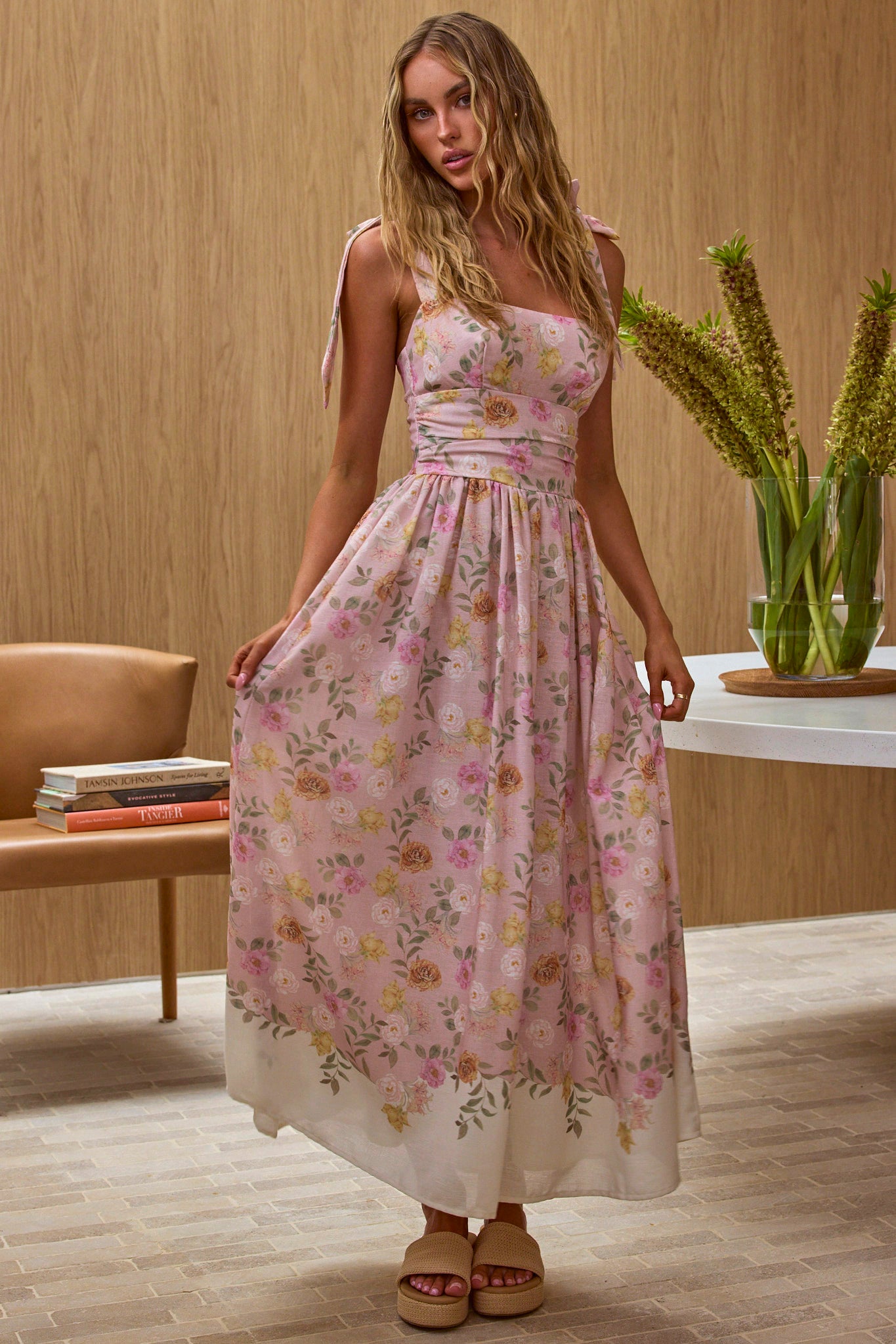 Shop the Dua Tied Shoulder Maxi Dress Floral Peach