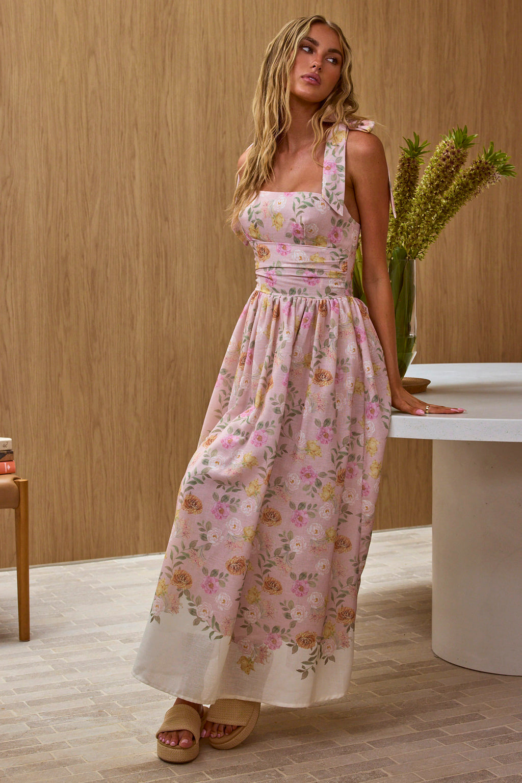 Dua Tied Shoulder Maxi Dress Floral Peach by Selfie Leslie