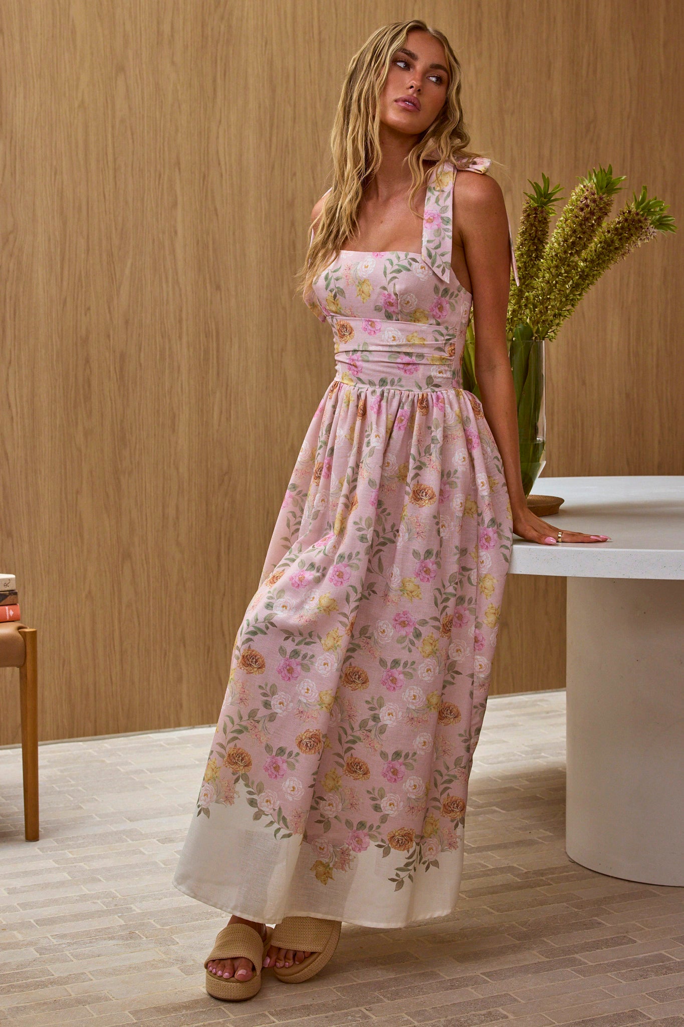 Dua Tied Shoulder Maxi Dress Floral Peach by Selfie Leslie