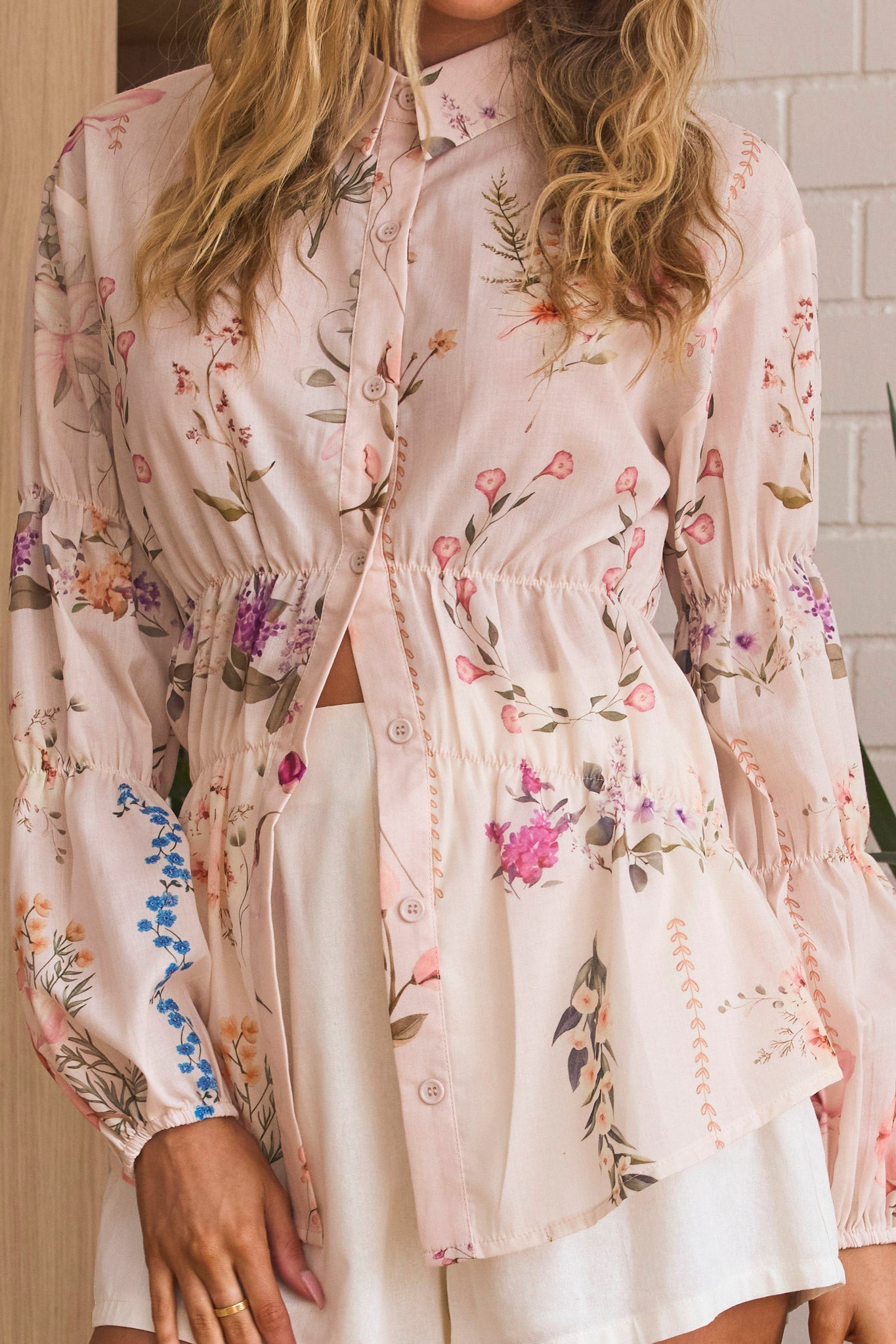 Mirrie Long Sleeve Button Down Top Floral Cream by Selfie Leslie