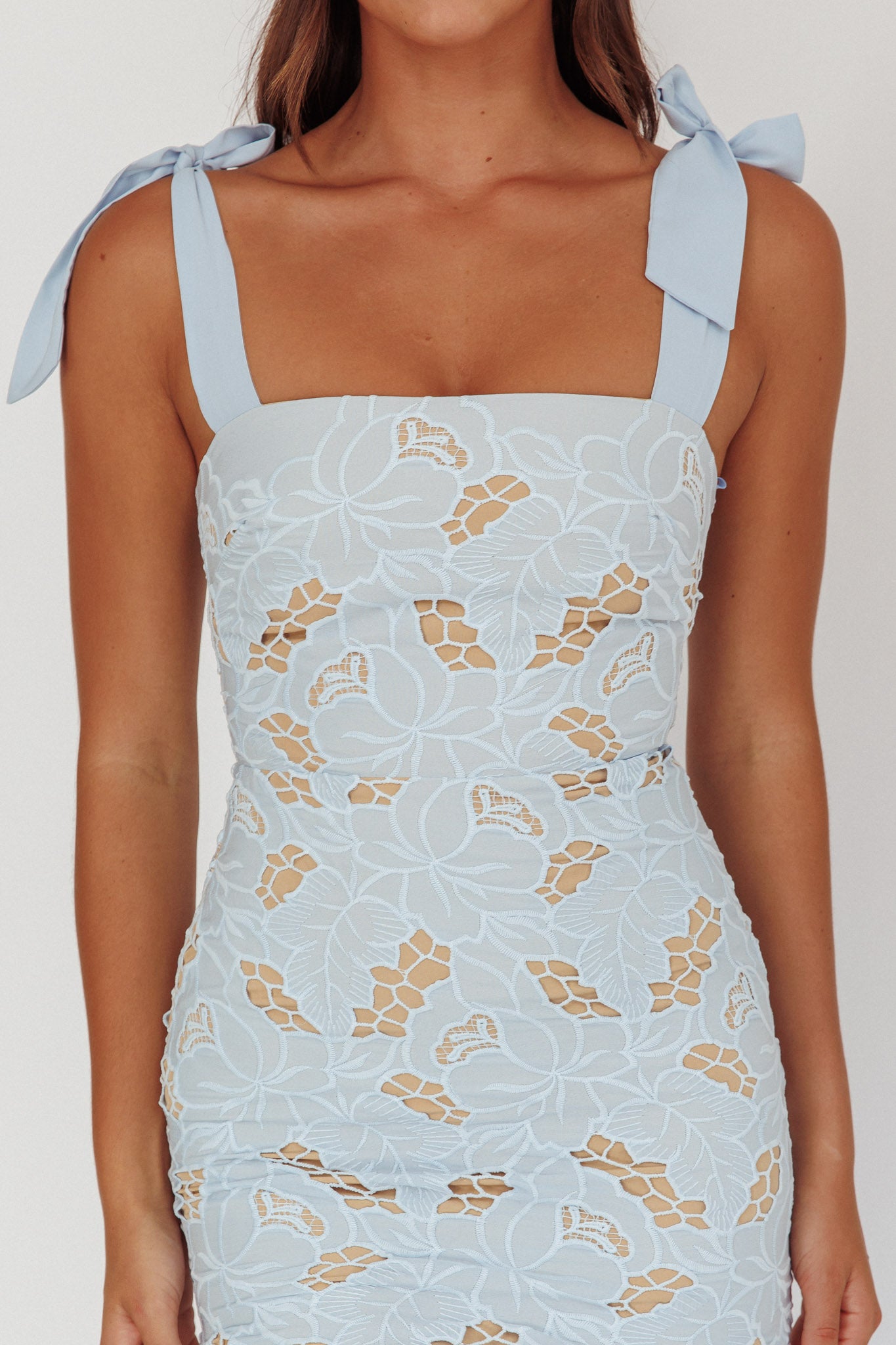 Coastal Bloom Tied Shoulder Maxi Dress Embroidered Baby Blue by Selfie Leslie