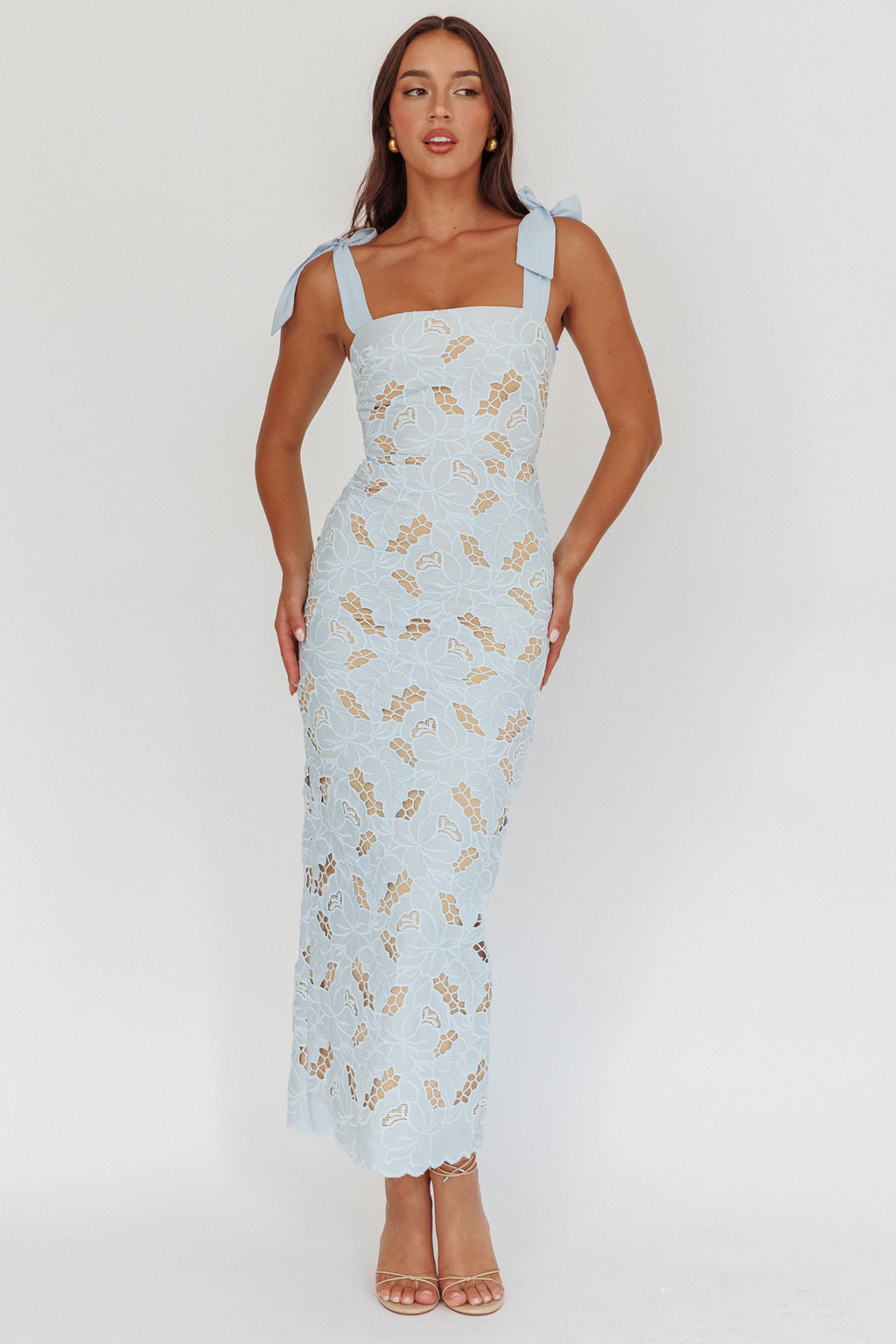 Coastal Bloom Tied Shoulder Maxi Dress Embroidered Baby Blue by Selfie Leslie