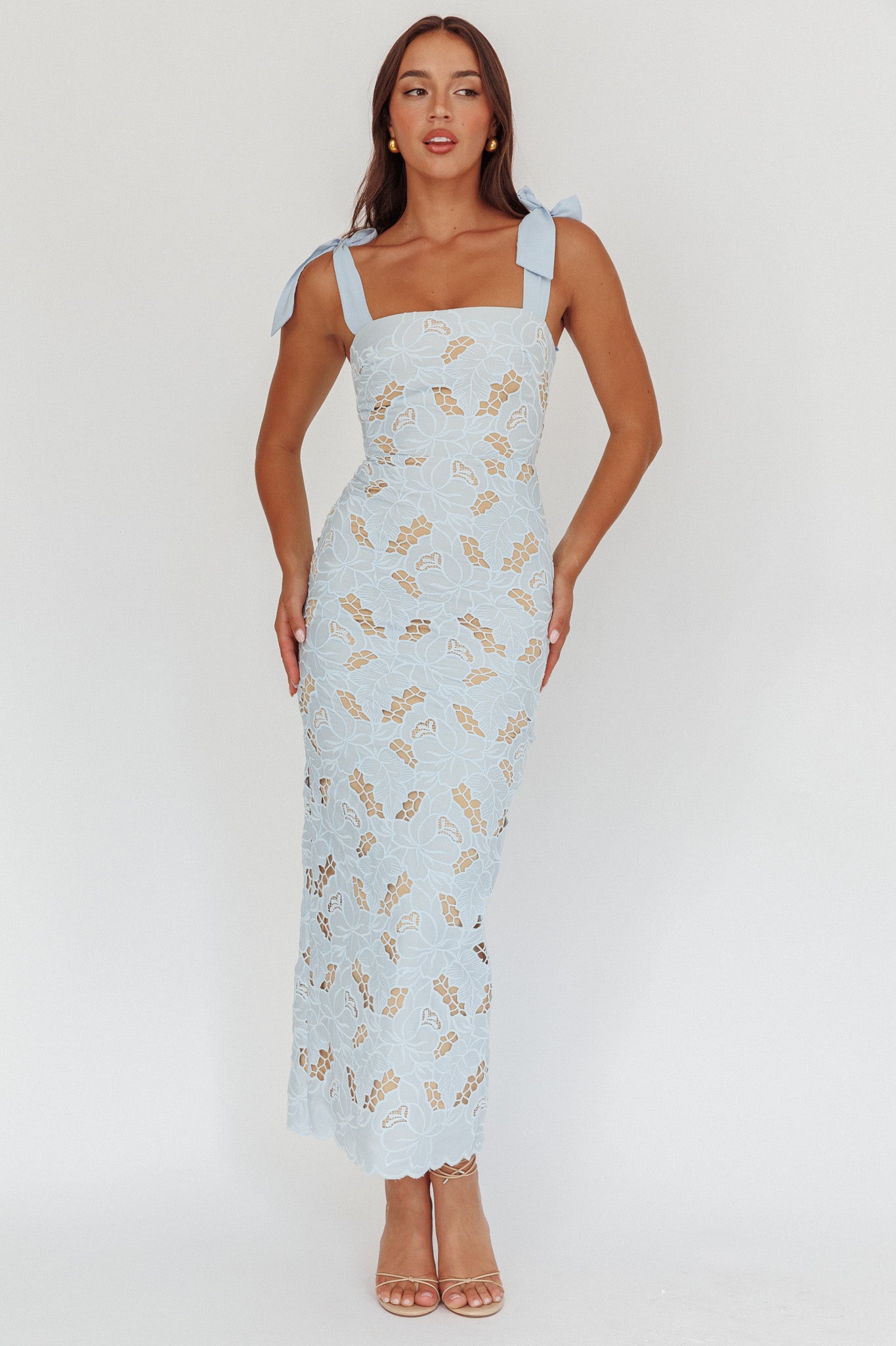 Coastal Bloom Tied Shoulder Maxi Dress Embroidered Baby Blue by Selfie Leslie