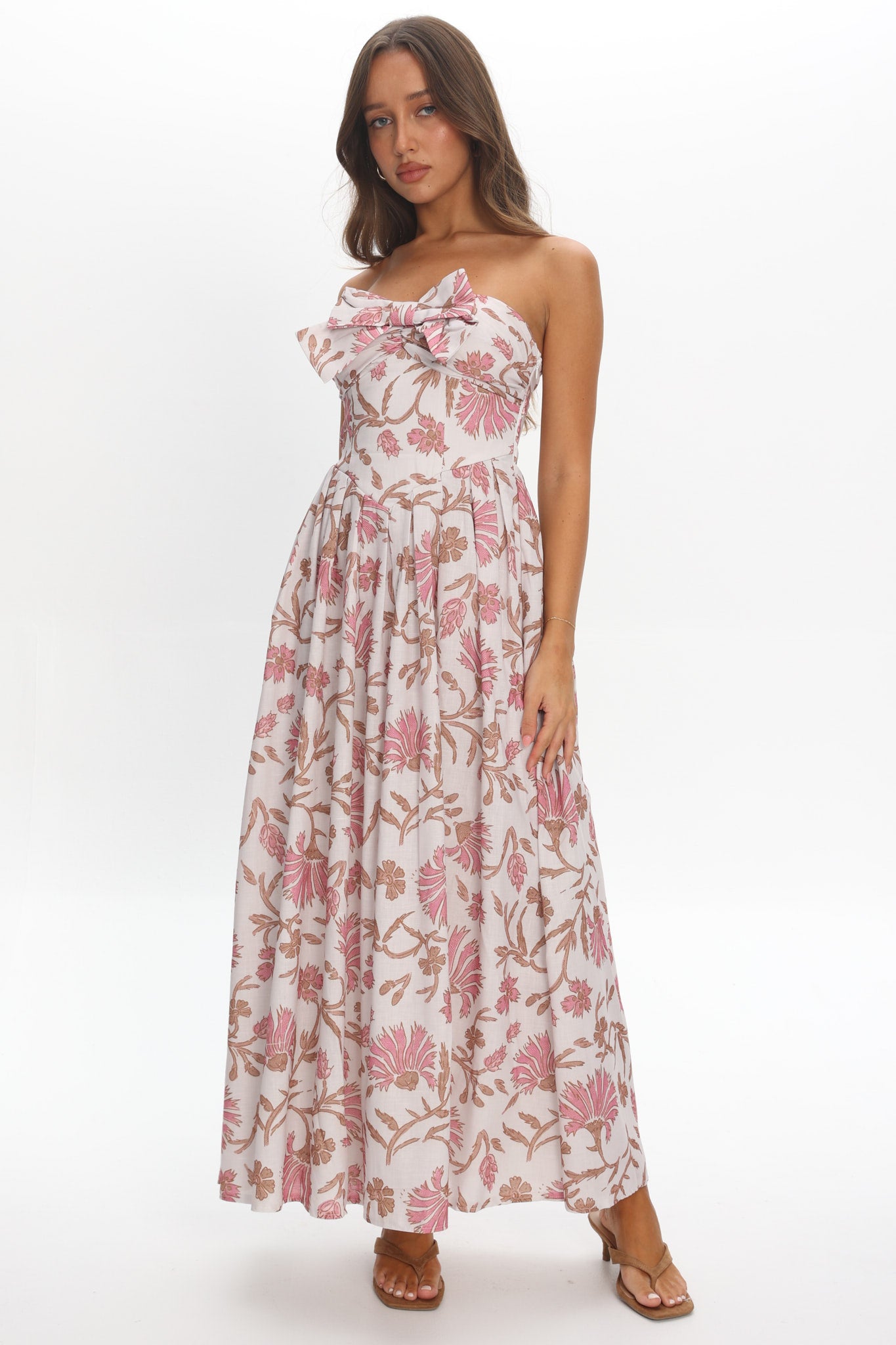 maxi dress summer floral Summer Field Bow Bust Maxi Dress Floral Beige