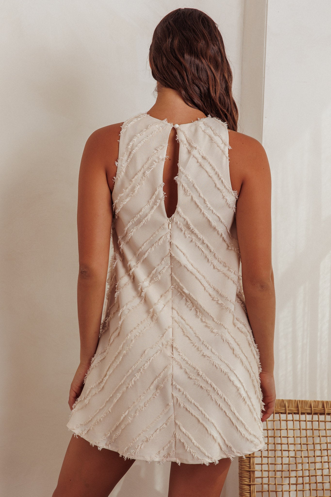 Caro Fringe Trim Shift Mini Dress Cream by Selfie Leslie