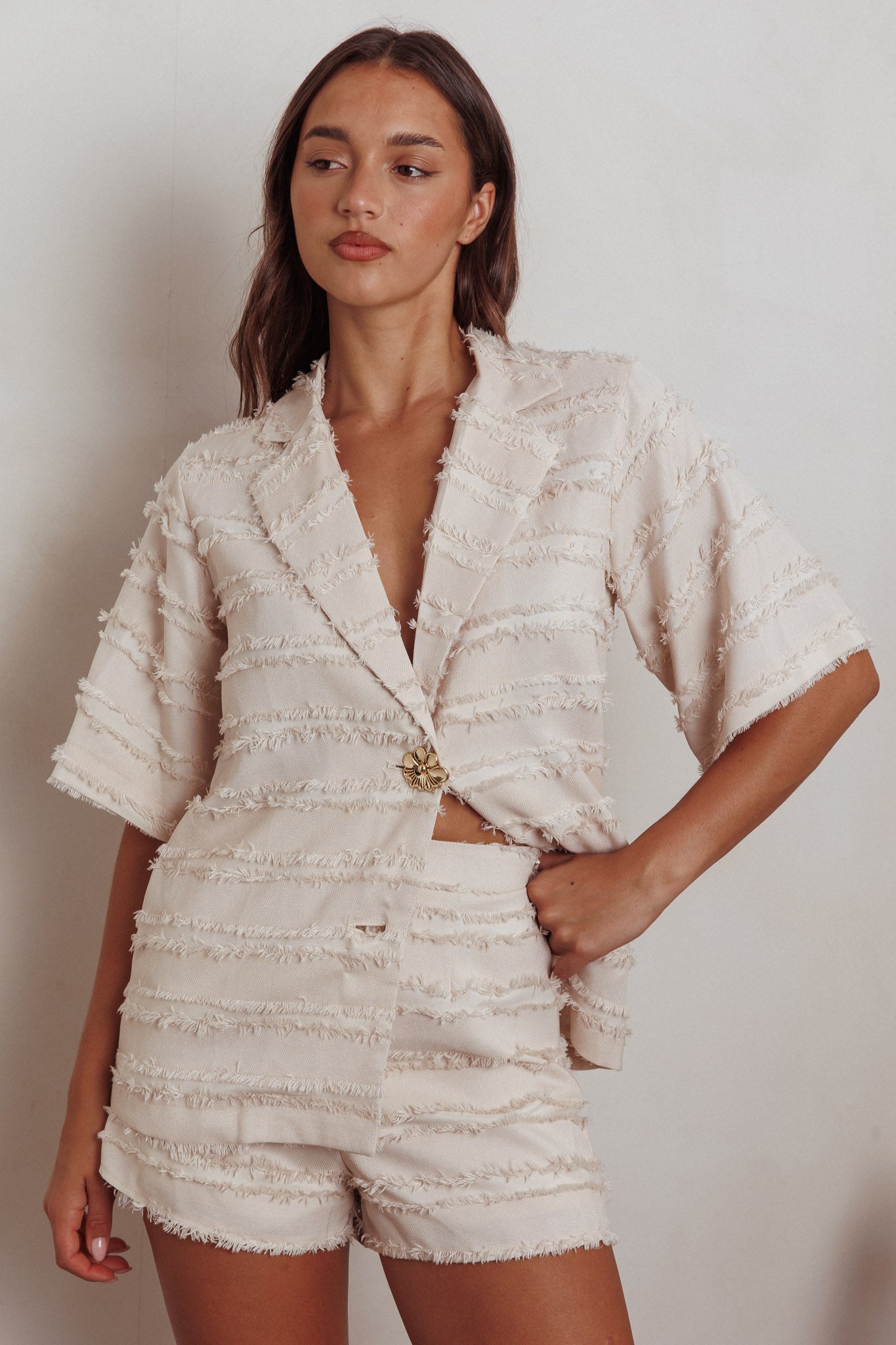 Reed Raw Edge Trim Shorts Cream by Selfie Leslie