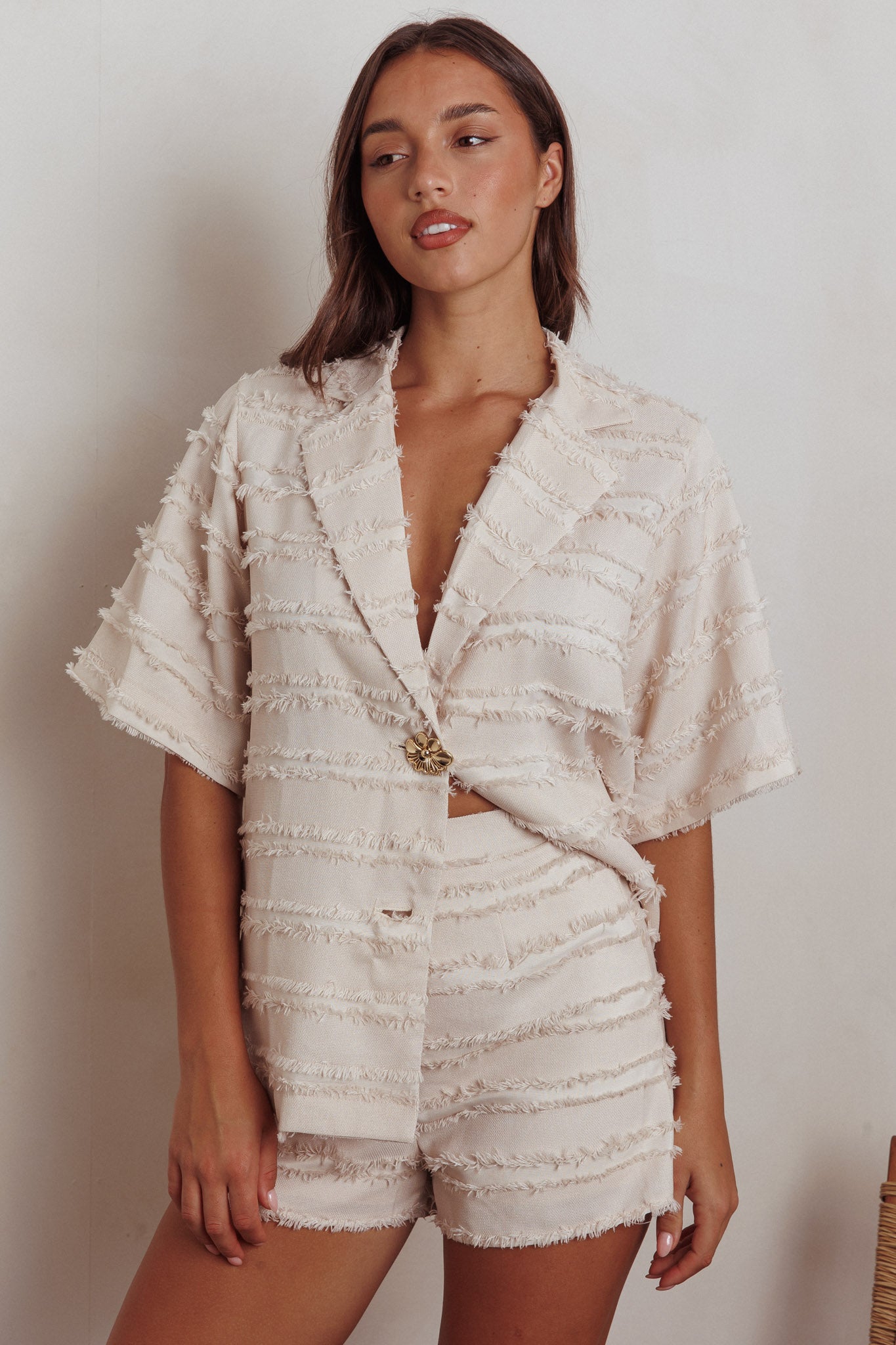 Reed Raw Edge Trim Shorts Cream by Selfie Leslie