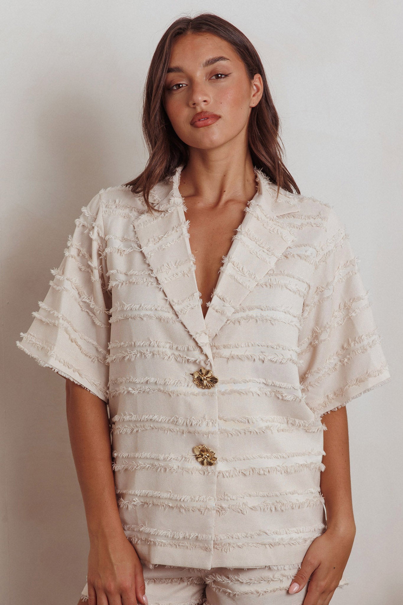 Reed Raw Edge Trim Collared Top Cream by Selfie Leslie