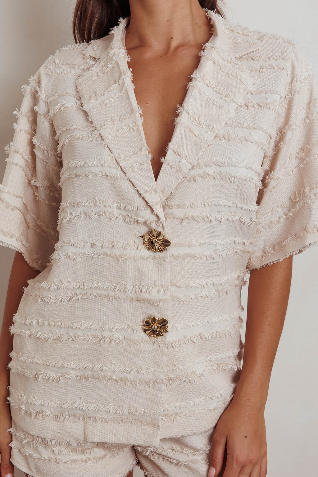 Reed Raw Edge Trim Collared Top Cream by Selfie Leslie