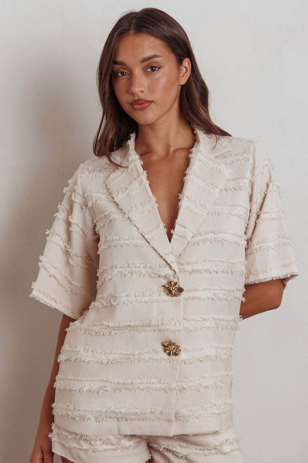 Reed Raw Edge Trim Collared Top Cream by Selfie Leslie