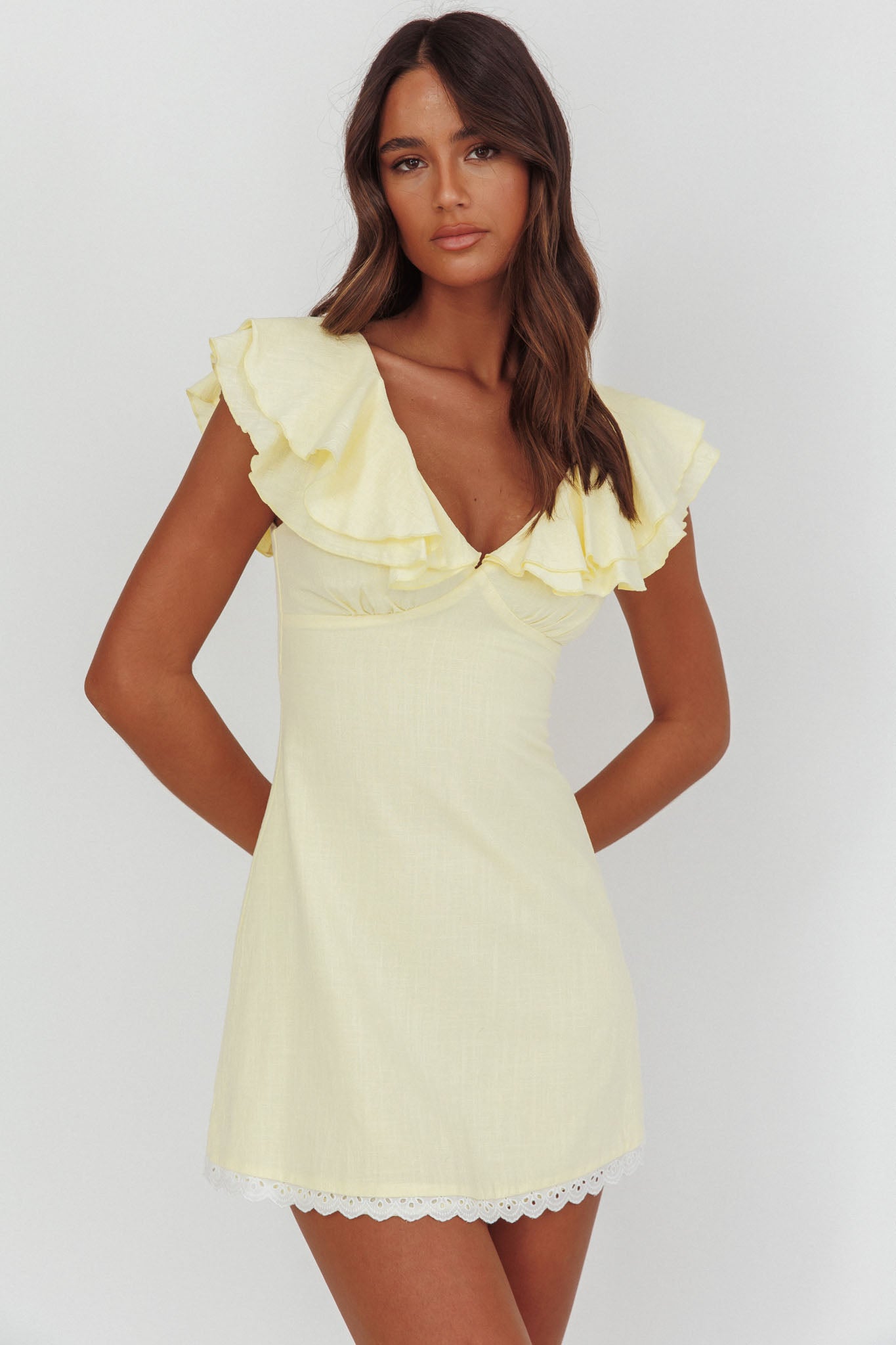 Unpredictable Layered Ruffle Neckline Mini Dress Butter by Selfie Leslie