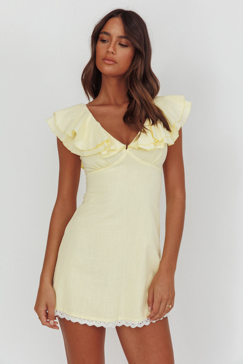Unpredictable Layered Ruffle Neckline Mini Dress Butter by Selfie Leslie