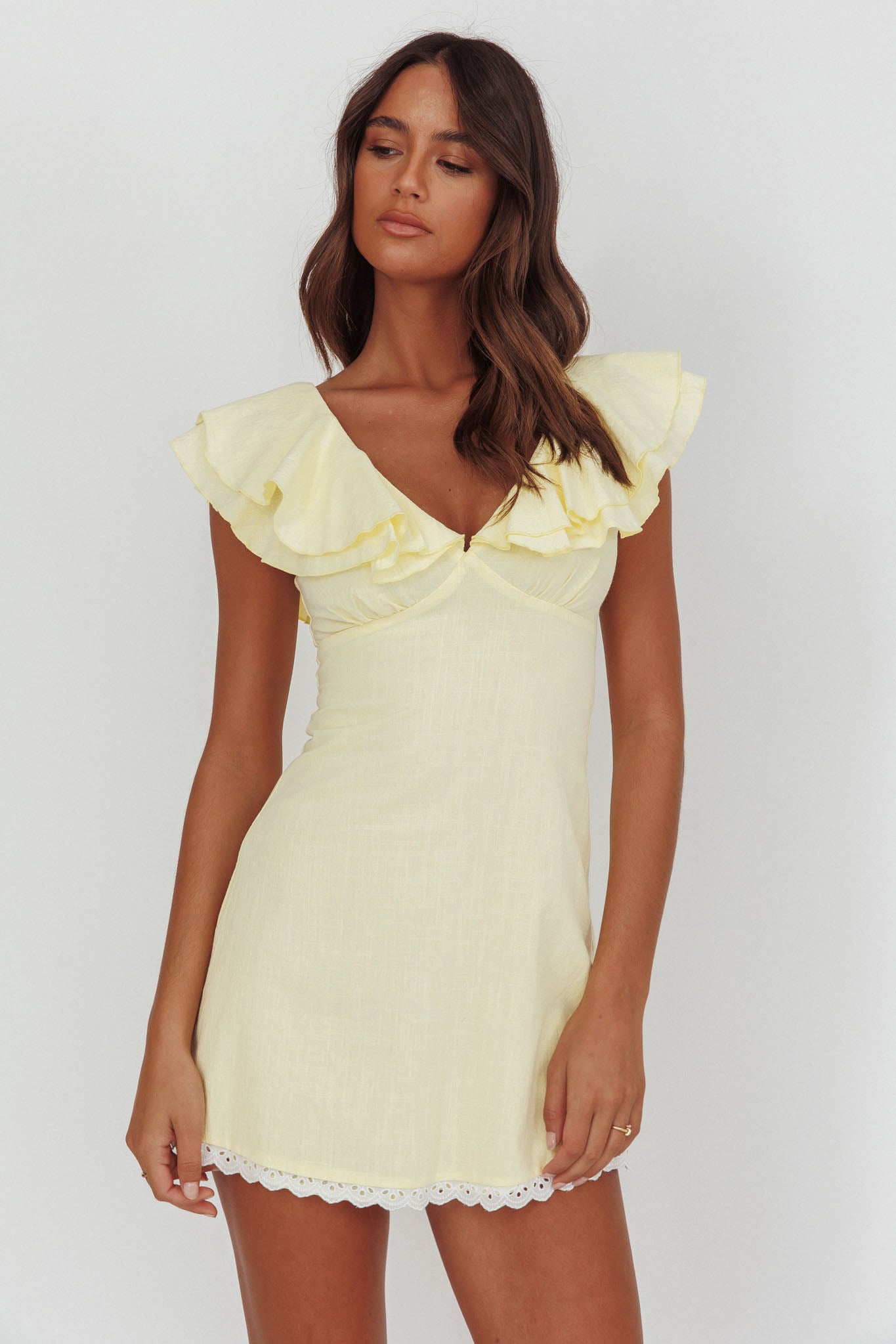 Unpredictable Layered Ruffle Neckline Mini Dress Butter by Selfie Leslie