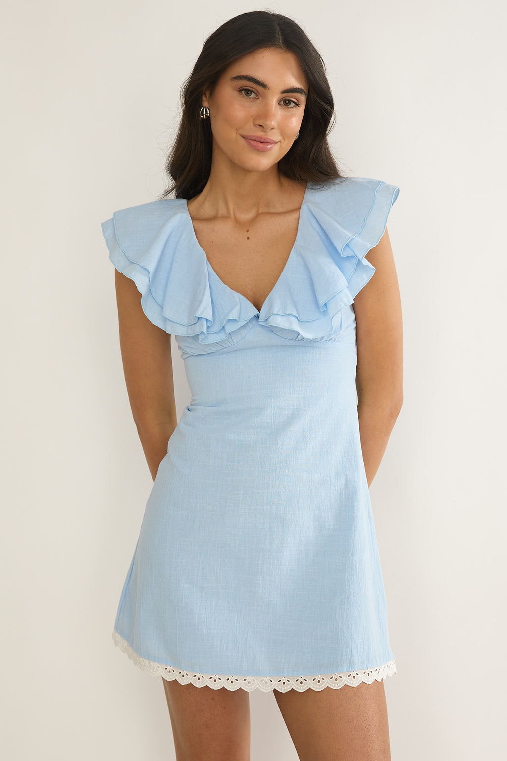 Unpredictable Layered Ruffle Neckline Mini Dress Blue by Selfie Leslie