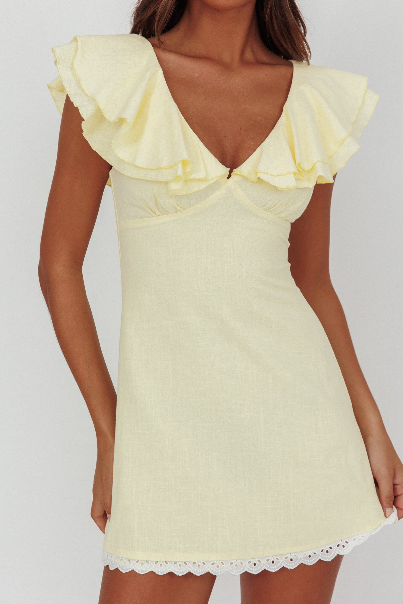 Unpredictable Layered Ruffle Neckline Mini Dress Butter by Selfie Leslie