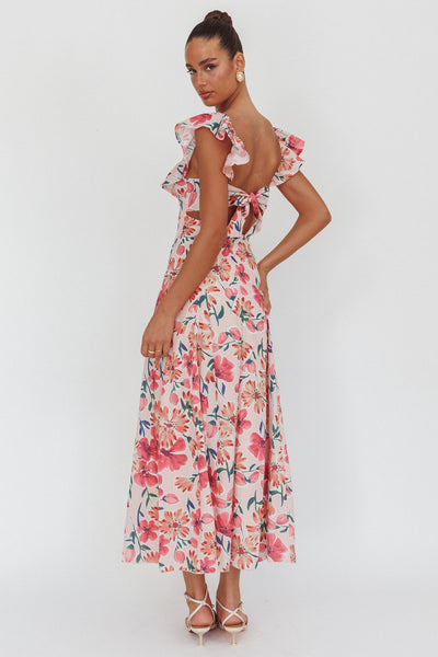 strapless open back dress Palms Ruffle Sleeve Tied Back Maxi Dress Floral Pink