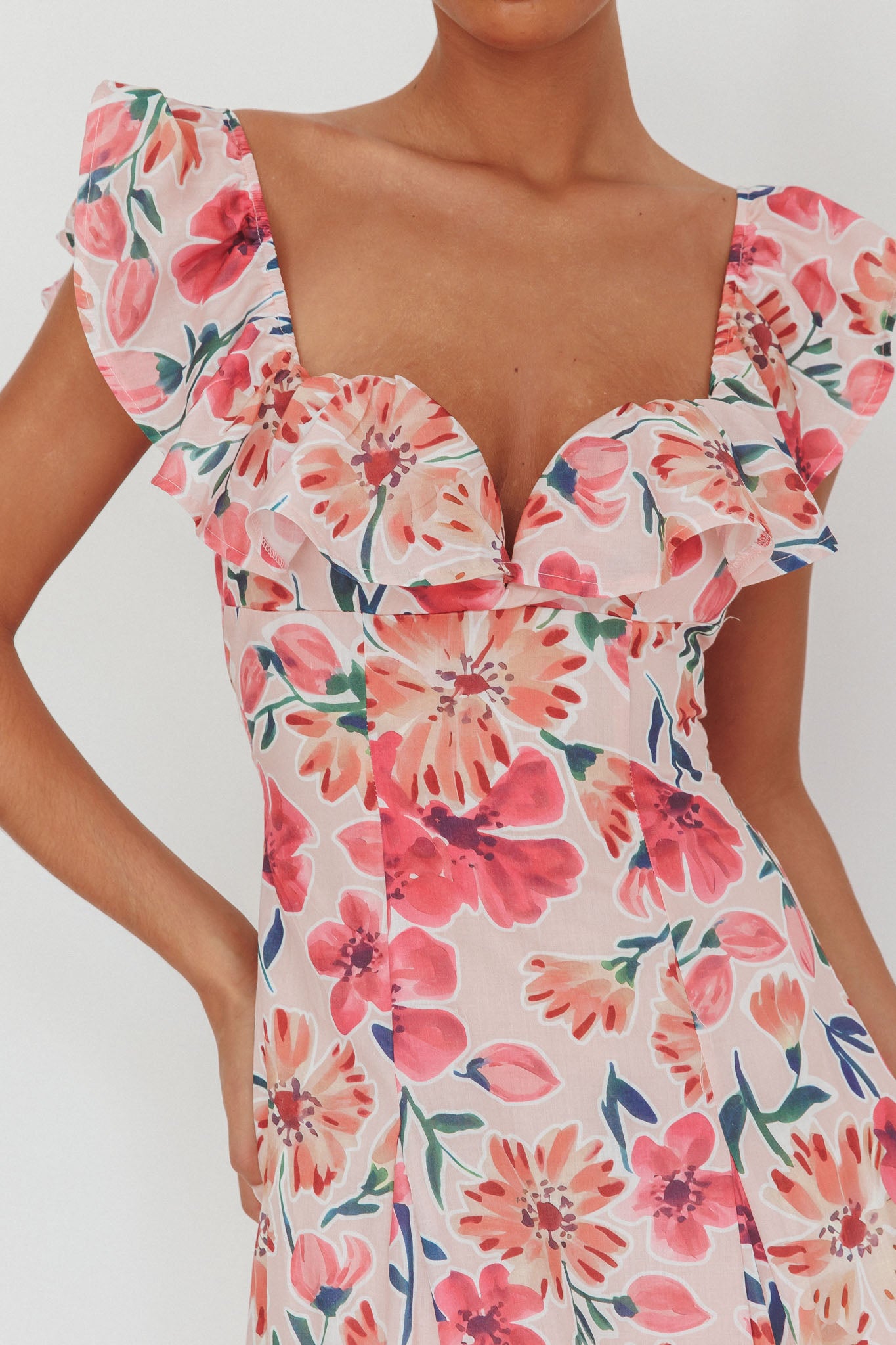 Palms Ruffle Sleeve Tied Back Maxi Dress Floral Pink Palms Ruffle Sleeve Tied Back Maxi Dress Floral Pink