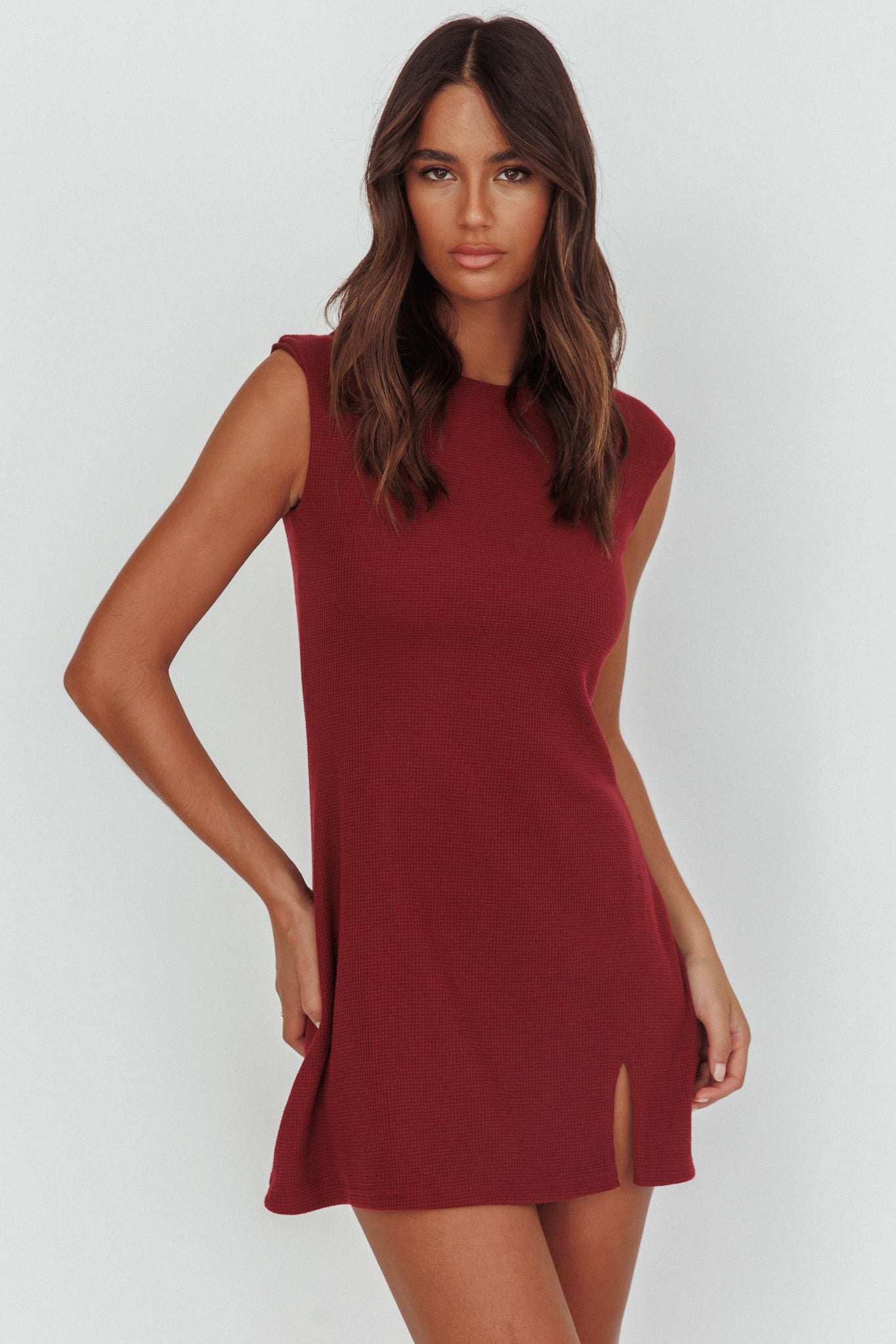 Groove Sleeveless Mini Dress Textured Burgundy by Selfie Leslie