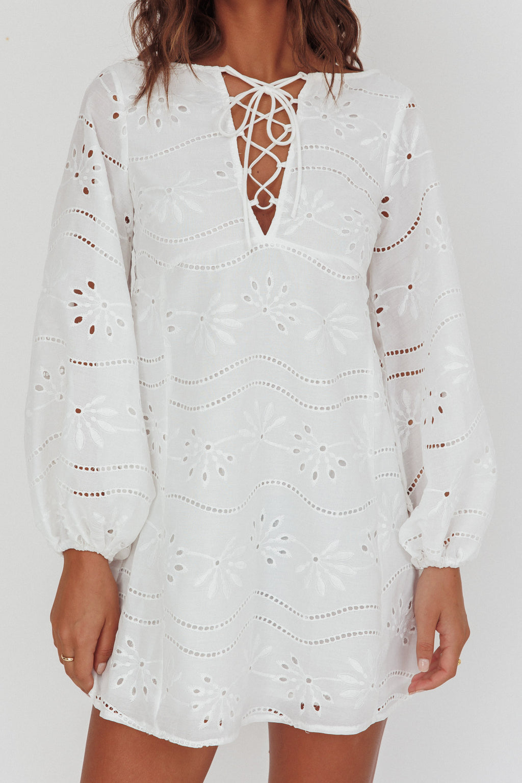 Long Weekend Eyelet Mini Dress White by Selfie Leslie